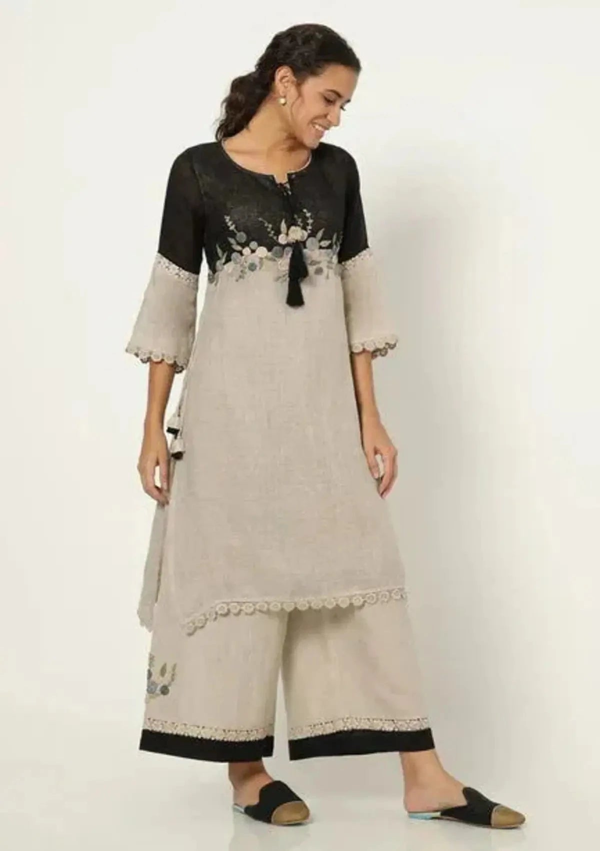 Black and natural rose bouquet fly free tunic set - Pallodstore