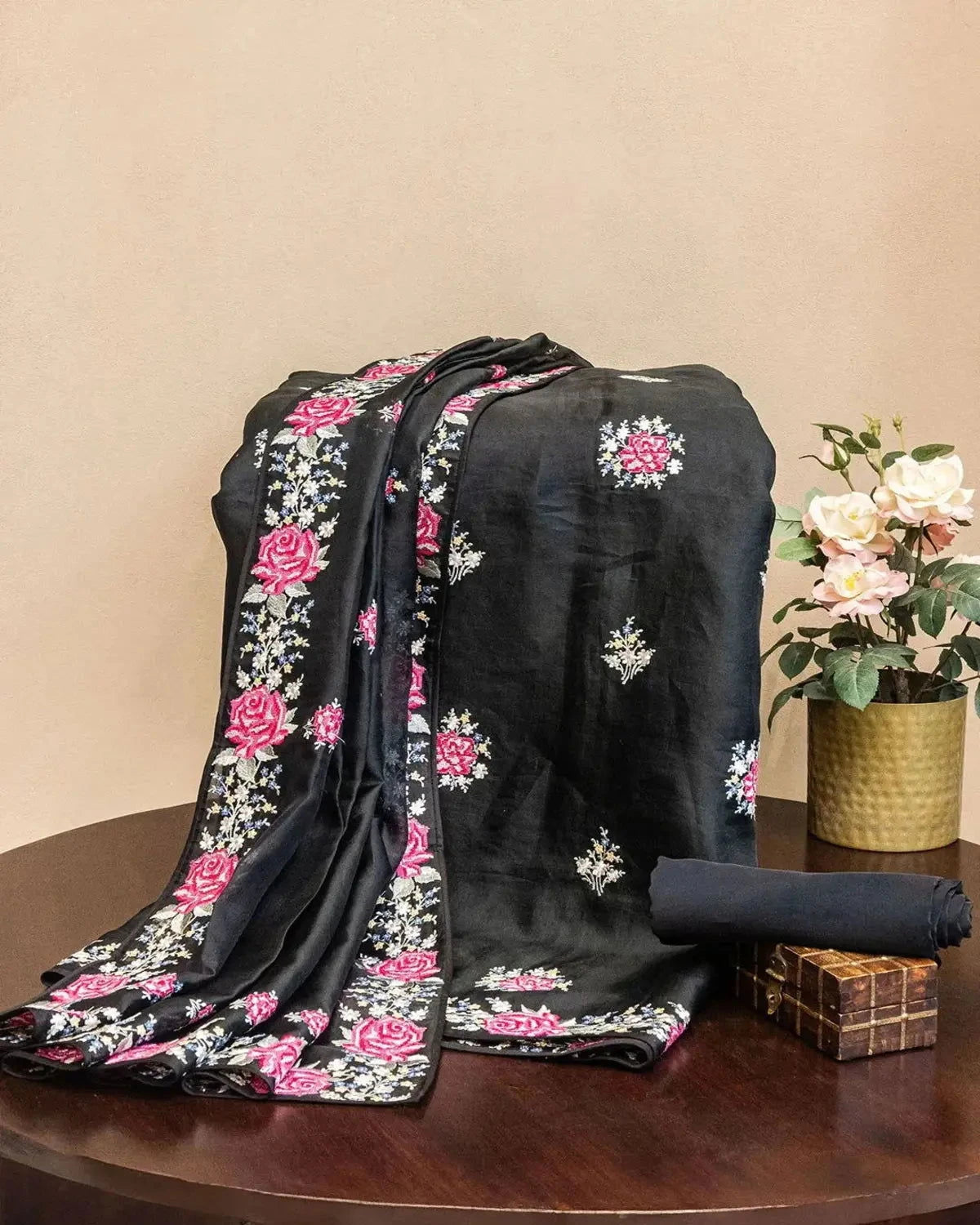 Black organza dress material with resham work. - Pallodstore