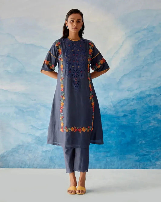 Blue Beadwork Kurta With Fringe Detail Pants - Pallodstore