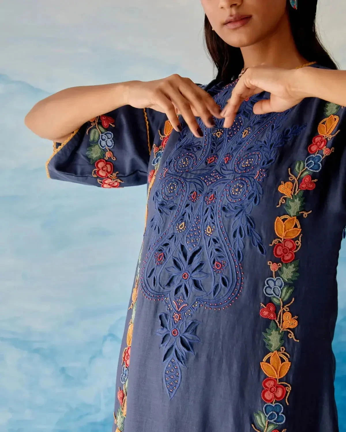 Blue Beadwork Kurta With Fringe Detail Pants - Pallodstore