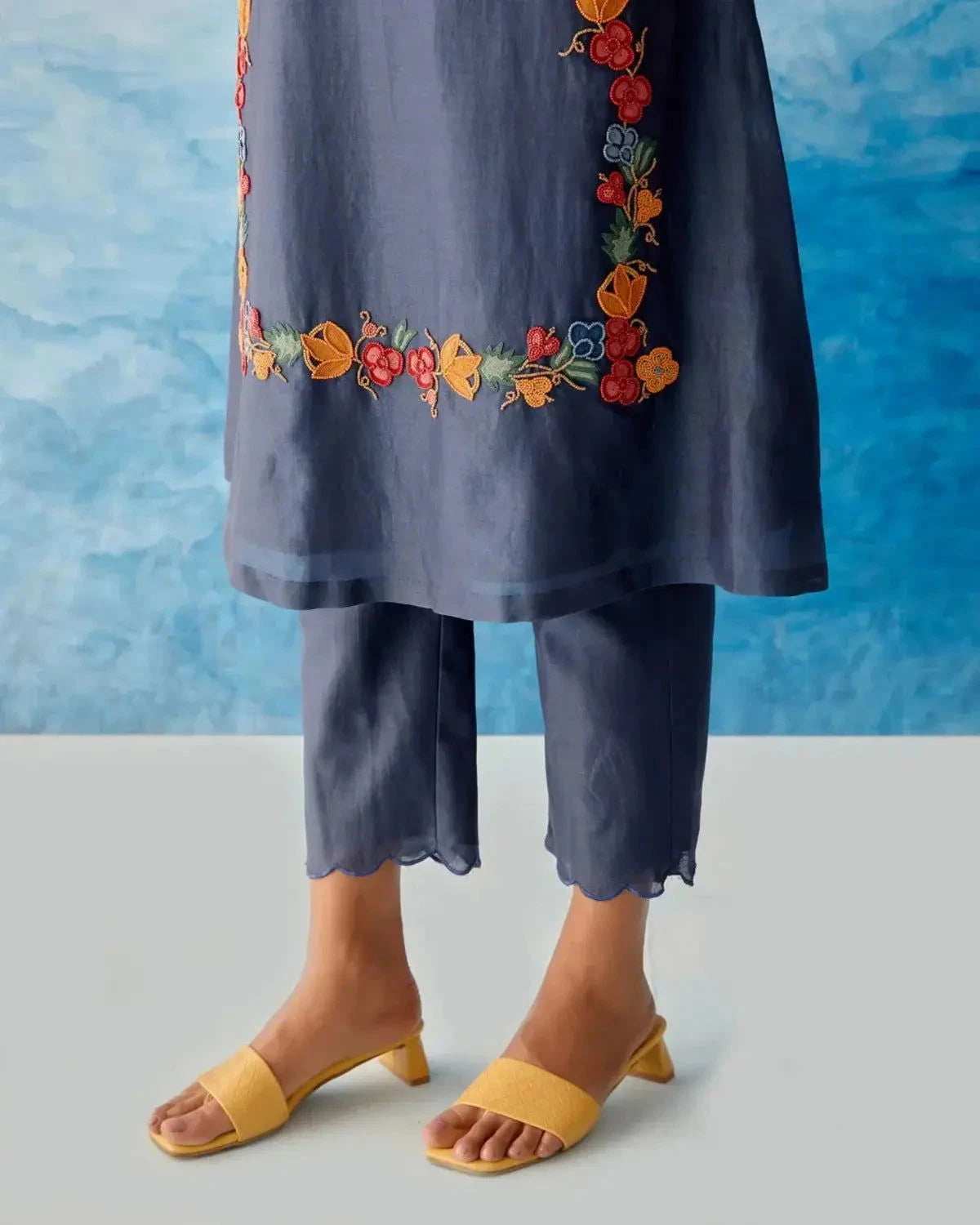 Blue Beadwork Kurta With Fringe Detail Pants - Pallodstore