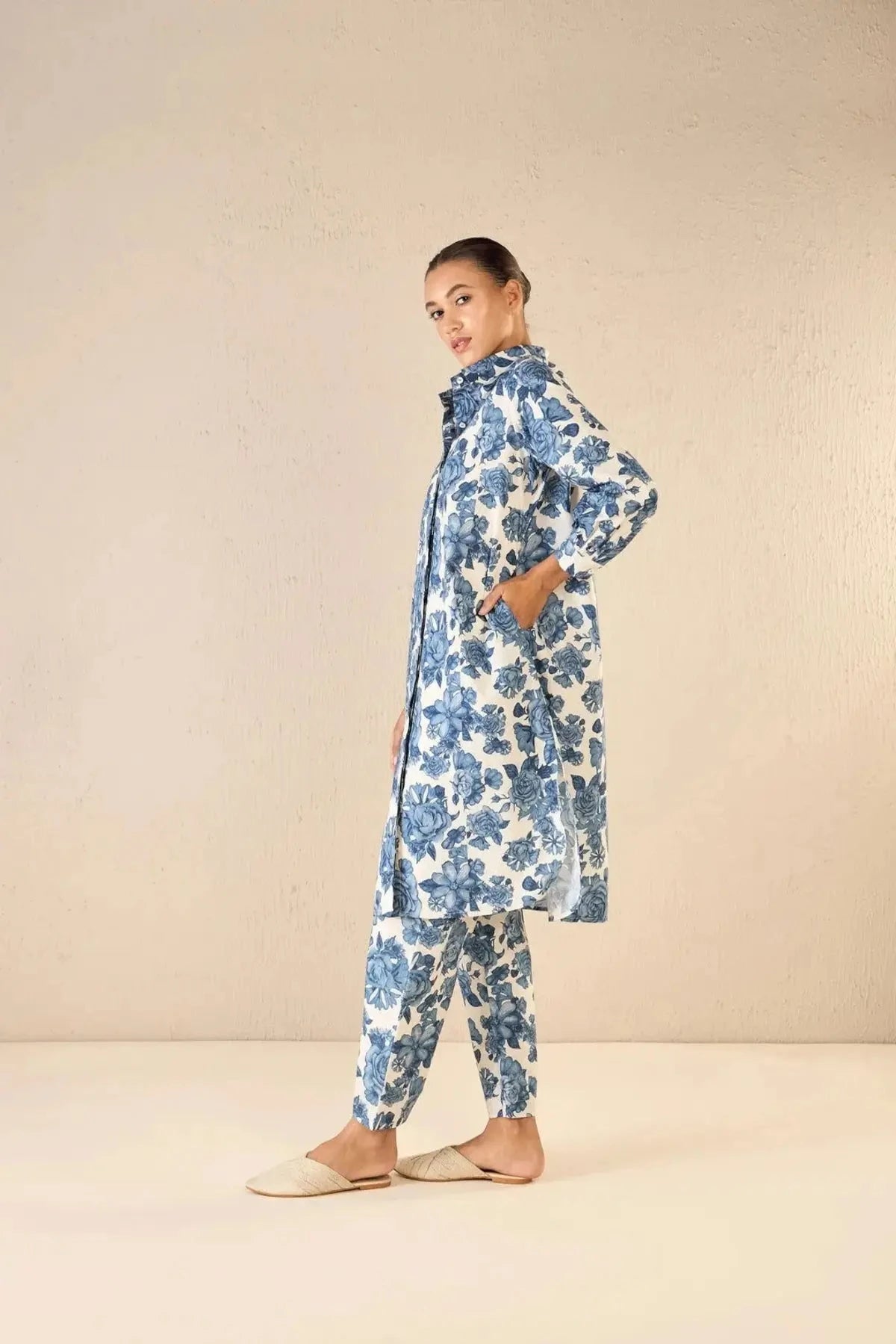 Blue Blossom Cotton Long Shirt Co-ord Set - Pallodstore