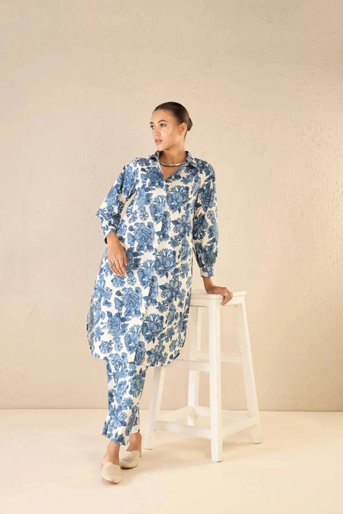 Blue Blossom Cotton Long Shirt Co-ord Set - Pallodstore