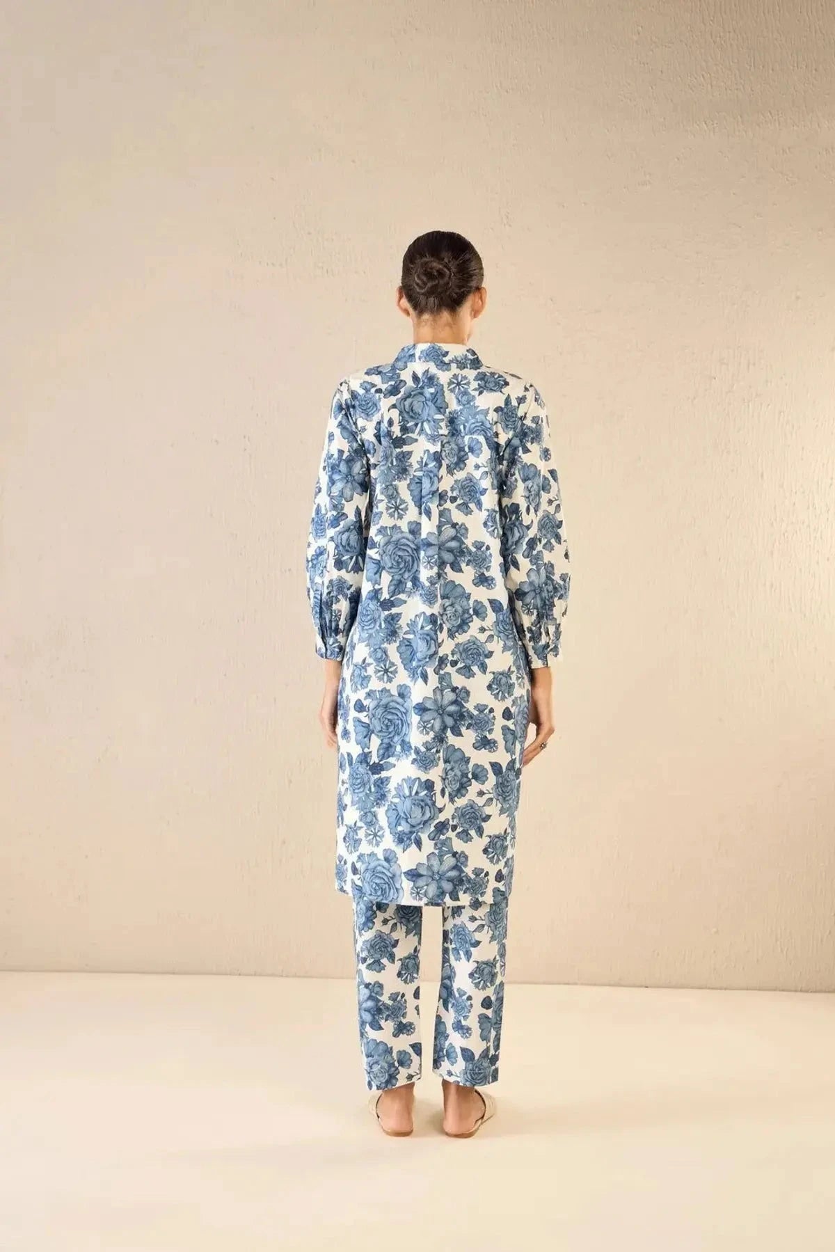 Blue Blossom Cotton Long Shirt Co-ord Set - Pallodstore