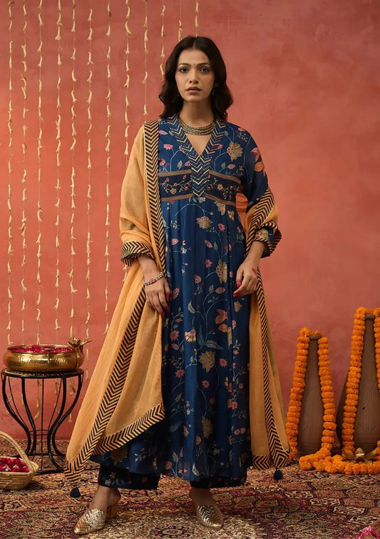Blue Chintz Embroidered Anarkali Set - Pallodstore