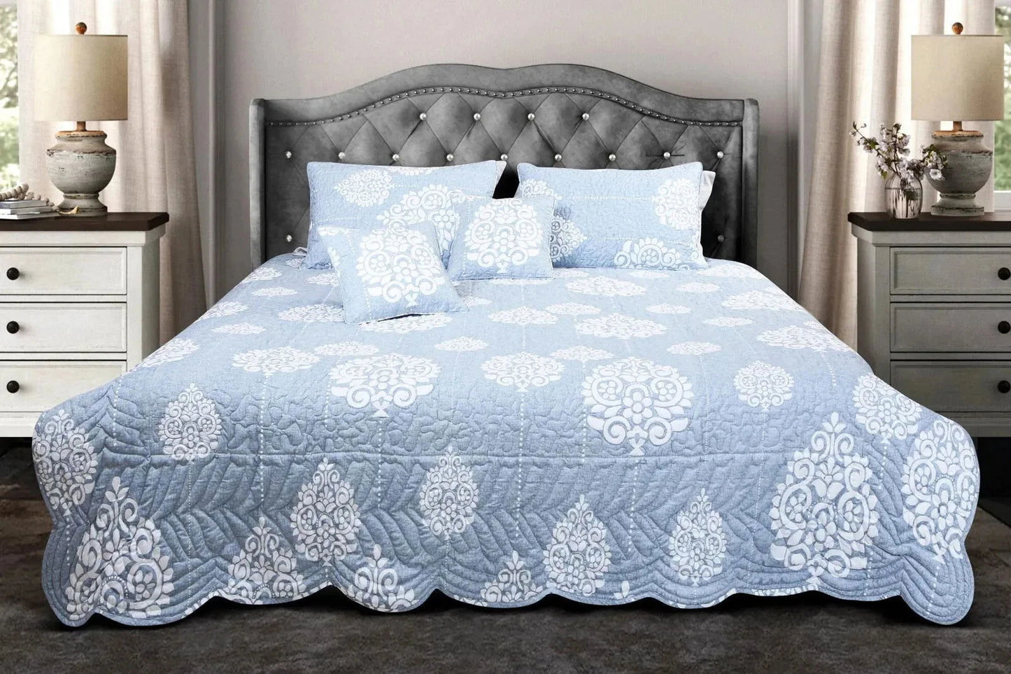 Blue Ethnic King Size Quilted Bedspread Set - Pallodstore