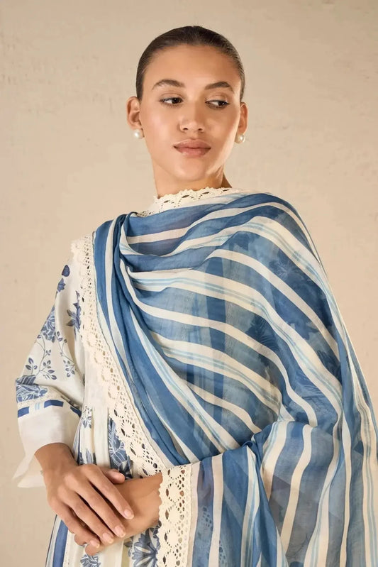 Blue Floral and Stripe Anarkali Set - Pallodstore