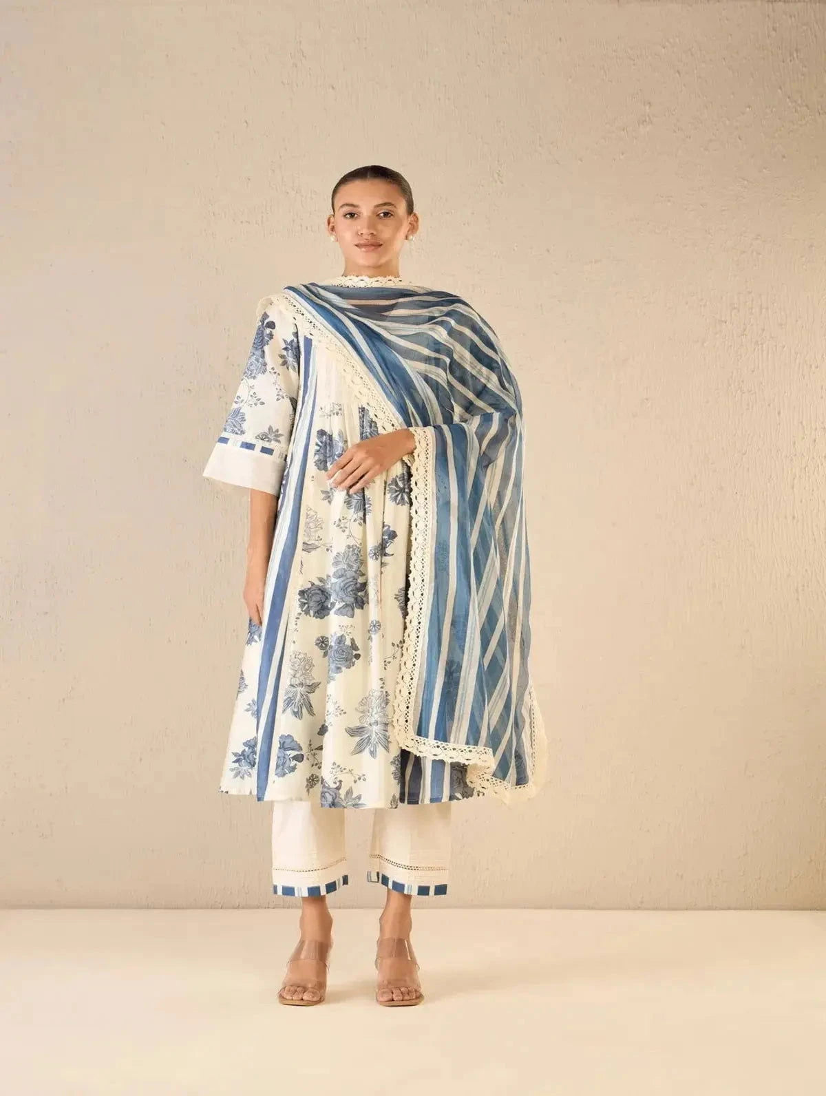 Blue Floral and Stripe Anarkali Set - Pallodstore