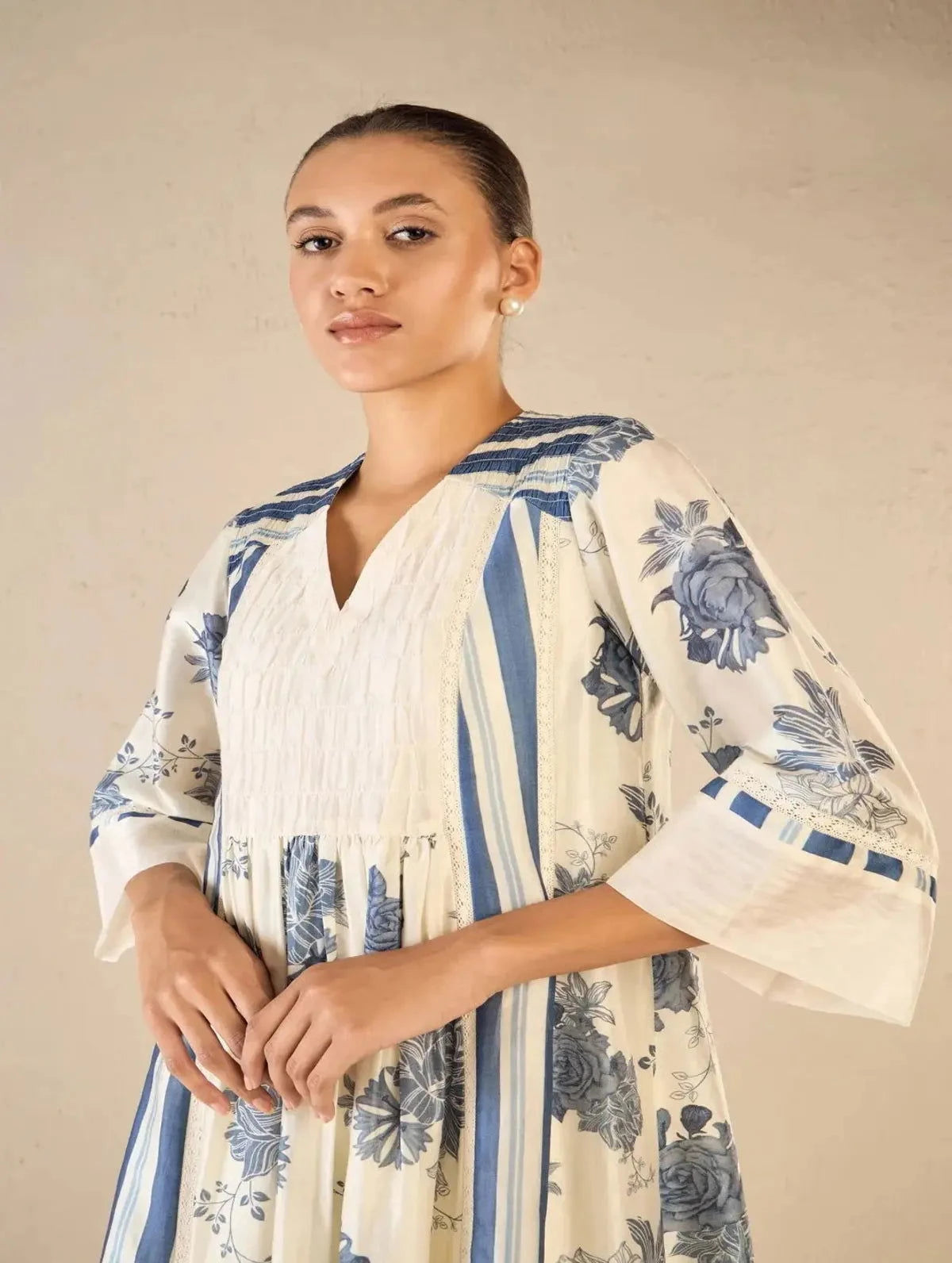 Blue Floral and Stripe Anarkali Set - Pallodstore
