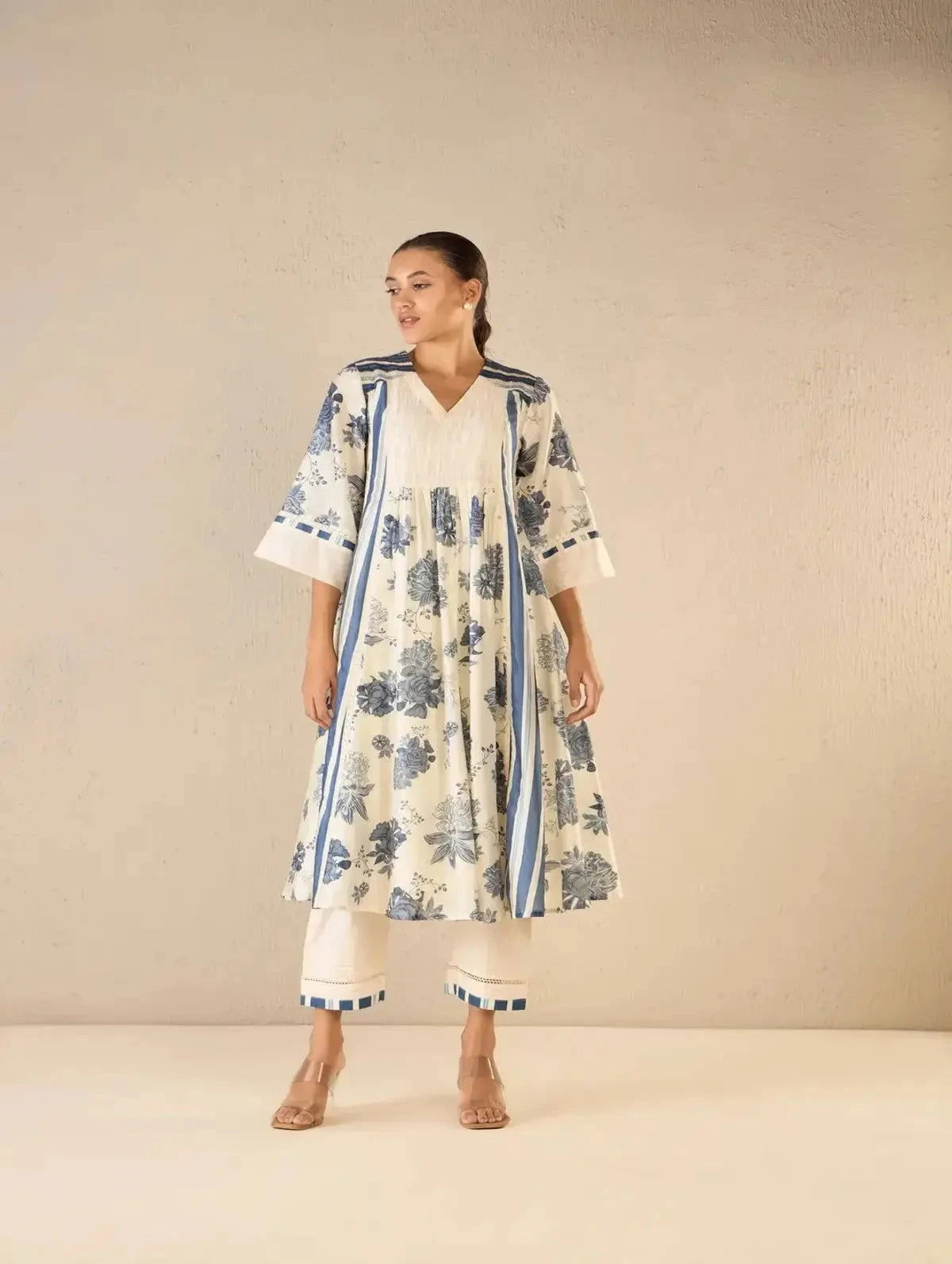 Blue Floral and Stripe Anarkali Set - Pallodstore