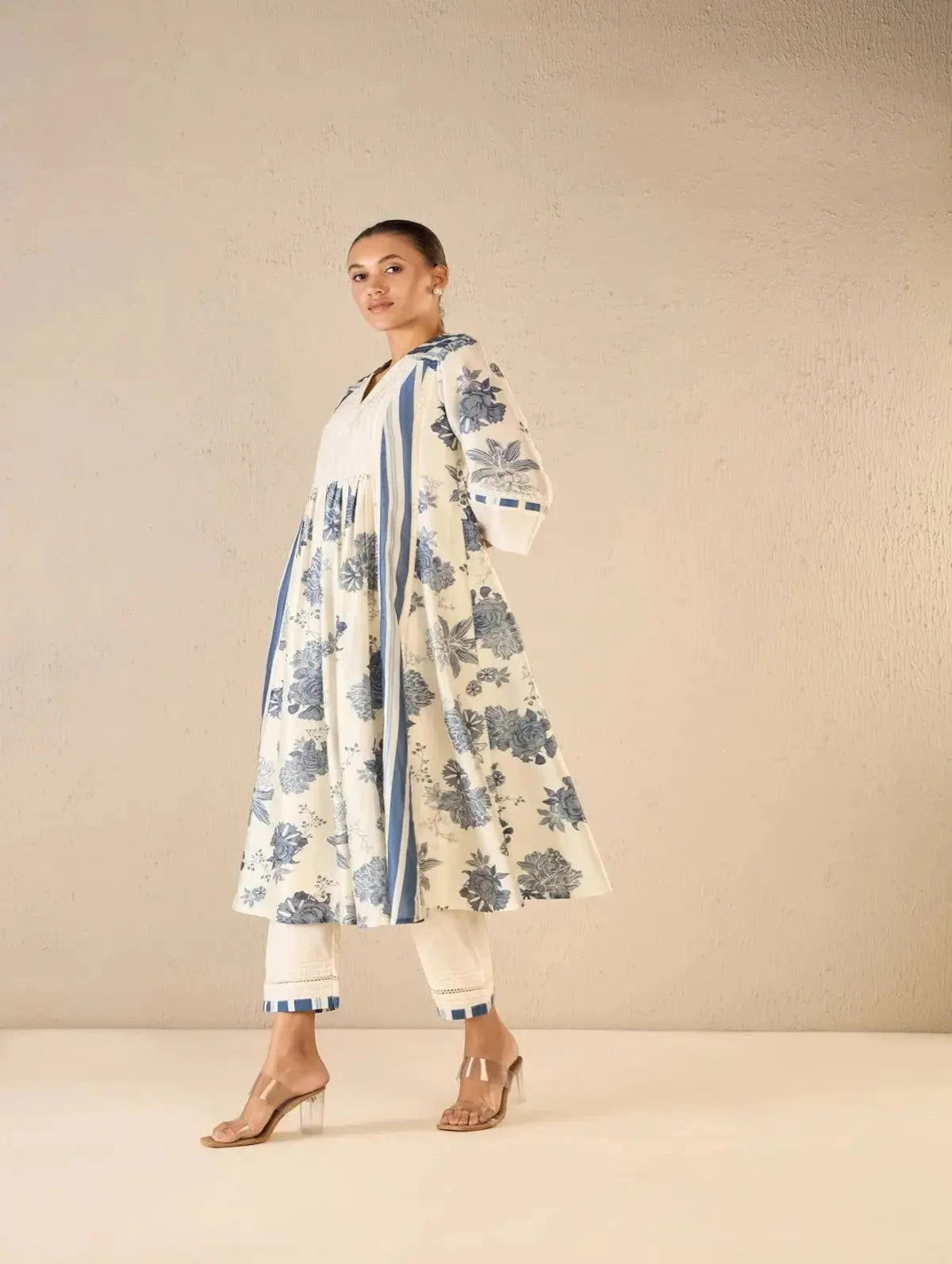Blue Floral and Stripe Anarkali Set - Pallodstore
