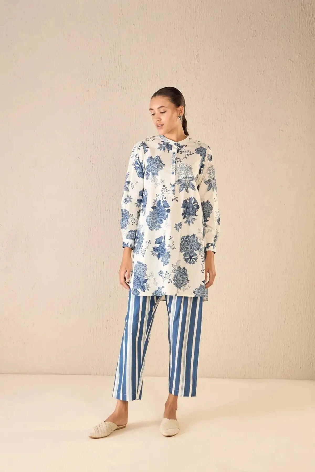 Blue Line Floral Tunic Co-Ord Set - Pallodstore