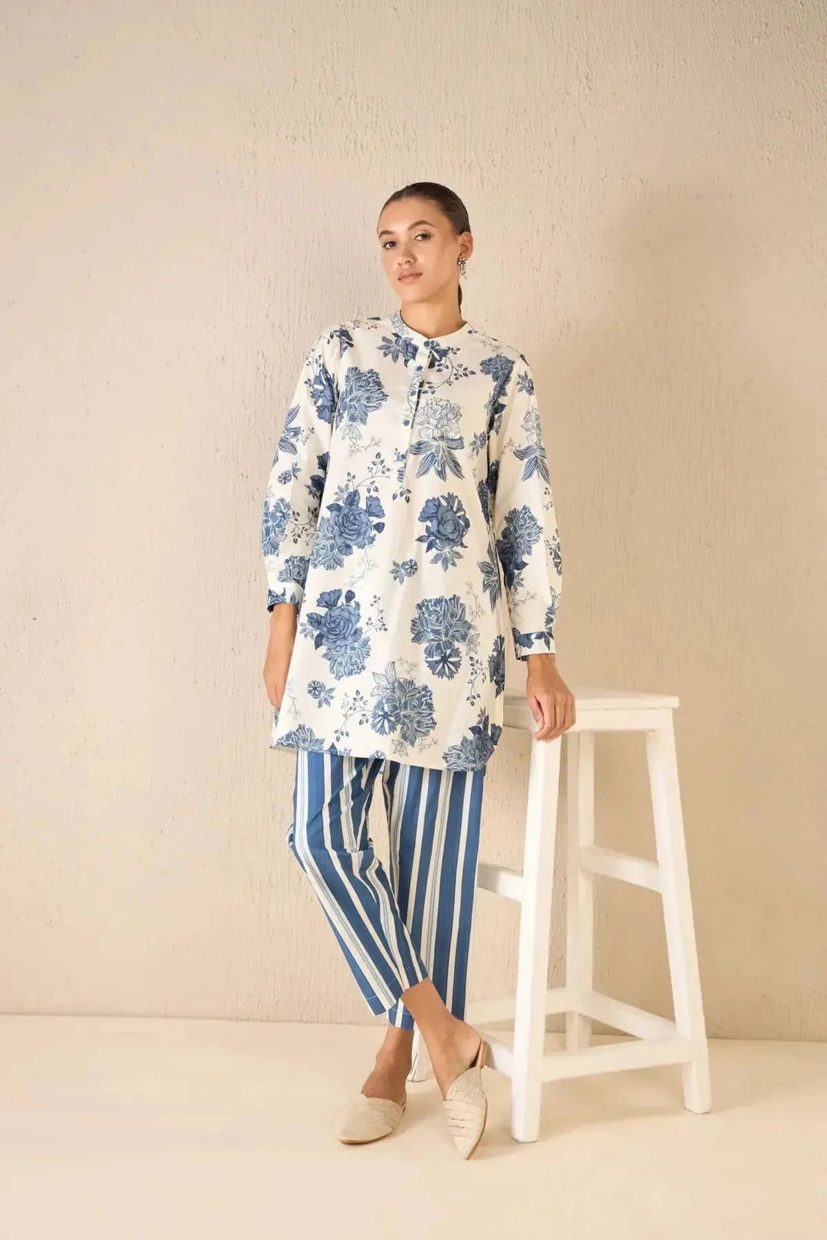 Blue Line Floral Tunic Co-Ord Set - Pallodstore