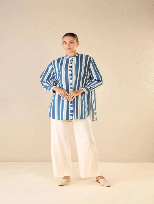 Blue Meadow Stripes Long Shirt CO-Ord Set - Pallodstore