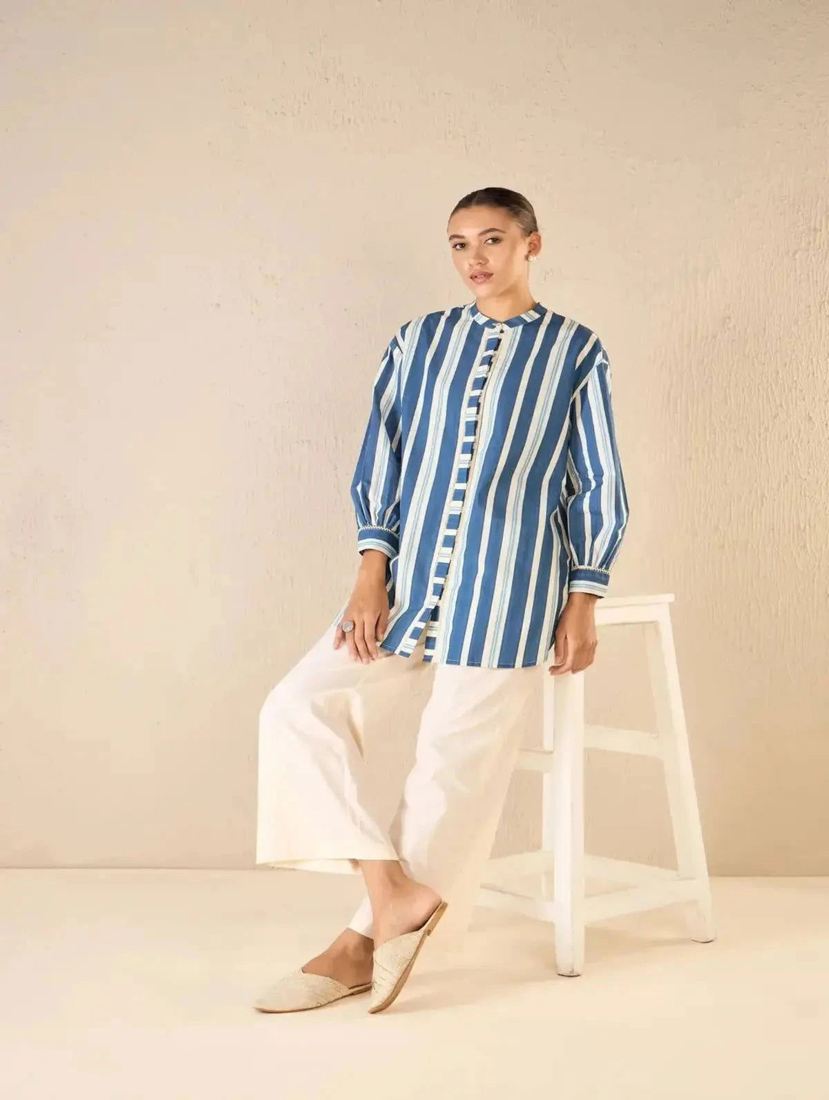 Blue Meadow Stripes Long Shirt CO-Ord Set - Pallodstore