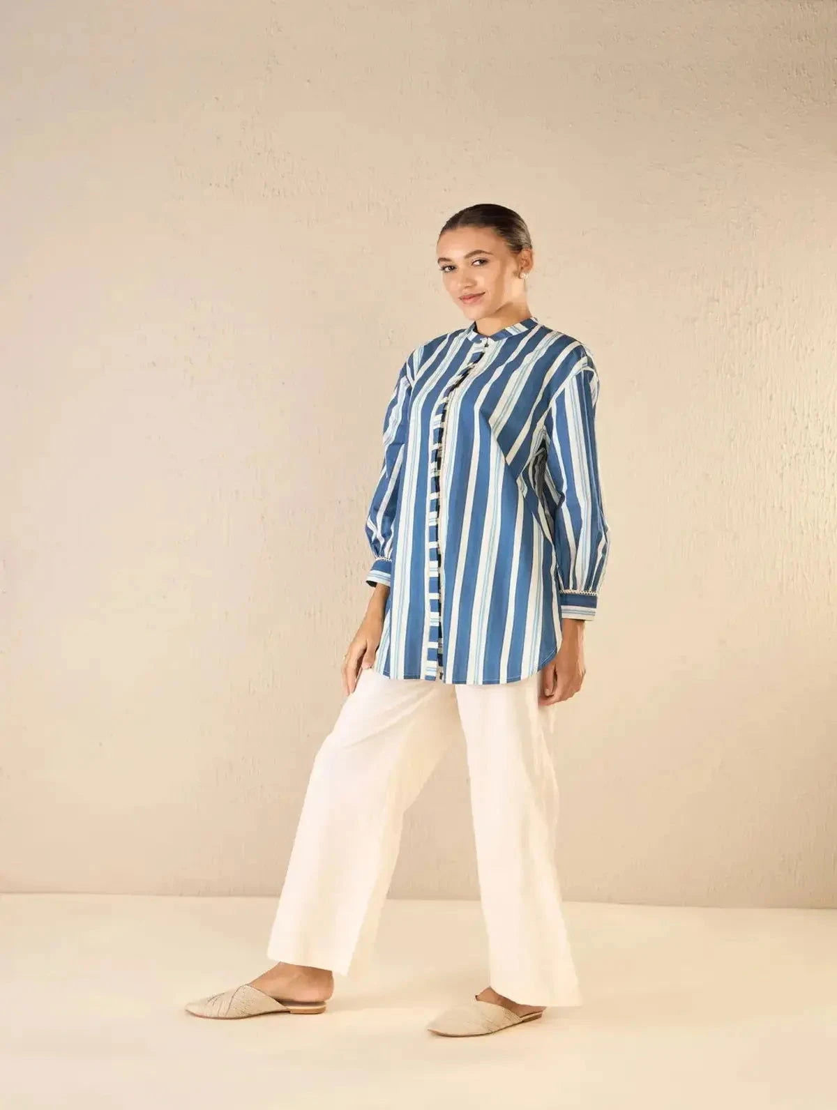 Blue Meadow Stripes Long Shirt CO-Ord Set - Pallodstore
