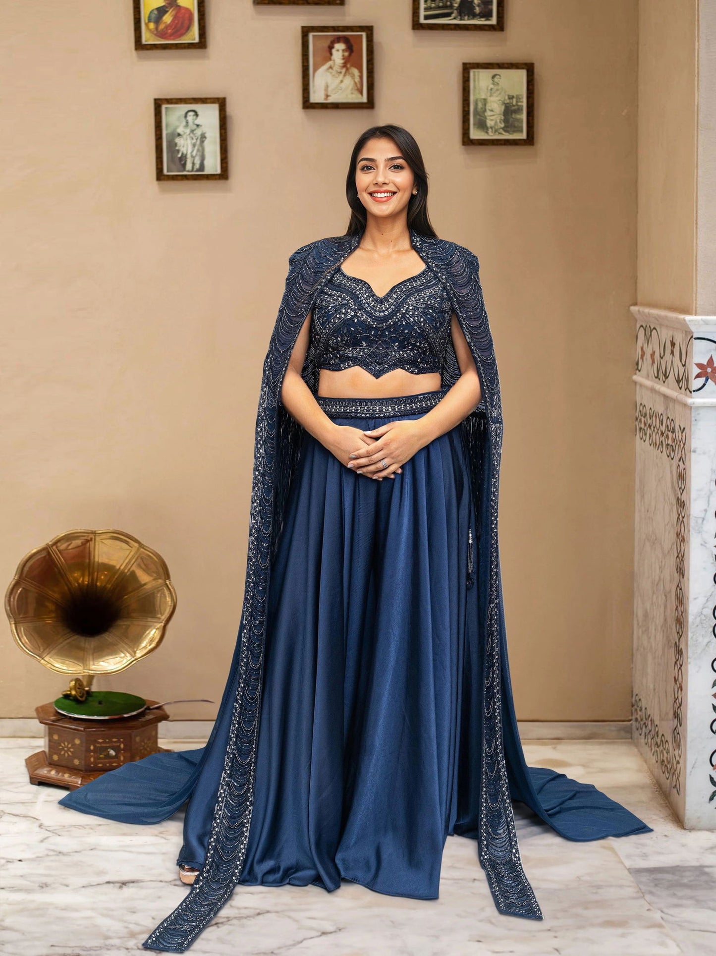 Blue Organza Pearl Cape Suit - Pallodstore