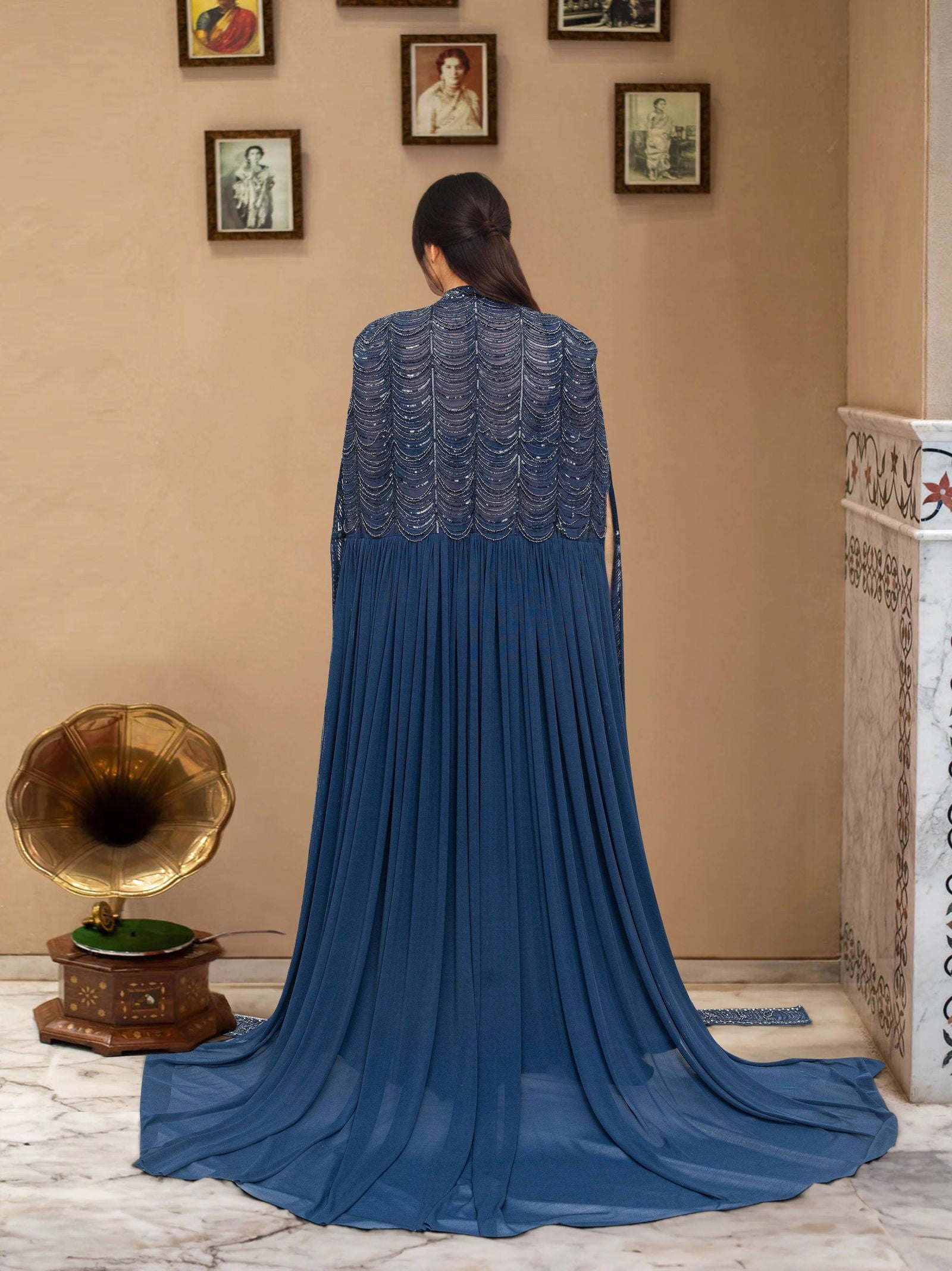 Blue Organza Pearl Cape Suit - Pallodstore