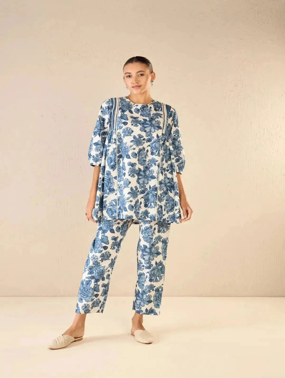 Blue Rose Side Gather Tunic CO-Ord Set - Pallodstore
