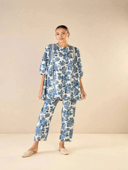 Blue Rose Side Gather Tunic CO-Ord Set - Pallodstore