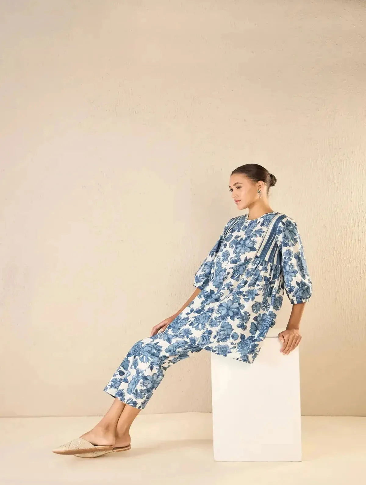 Blue Rose Side Gather Tunic CO-Ord Set - Pallodstore