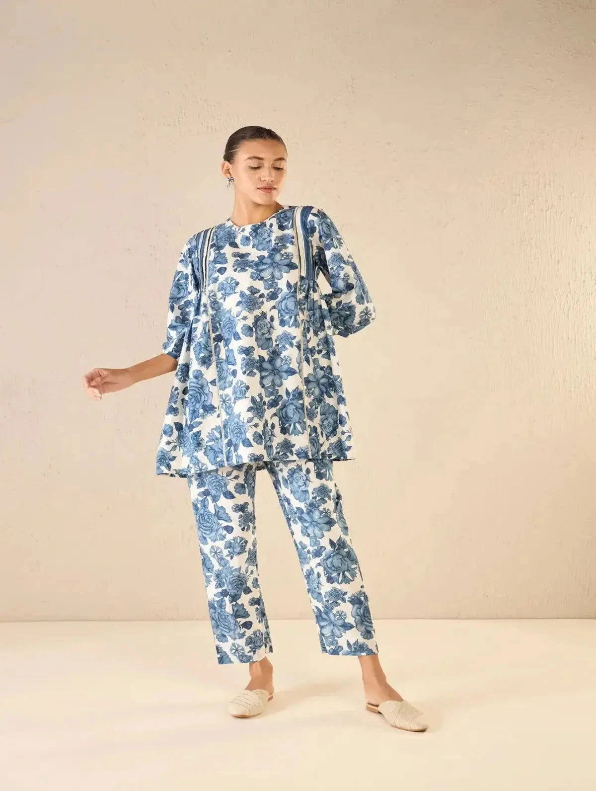 Blue Rose Side Gather Tunic CO-Ord Set - Pallodstore