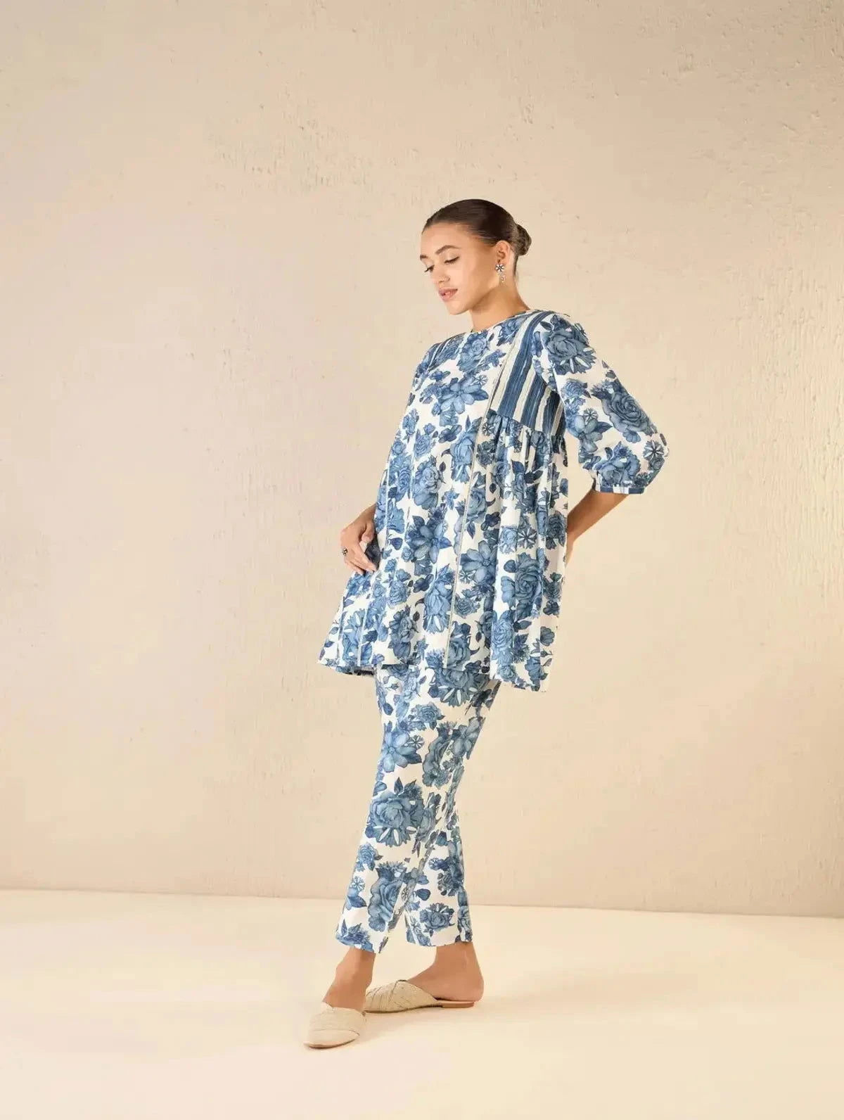 Blue Rose Side Gather Tunic CO-Ord Set - Pallodstore