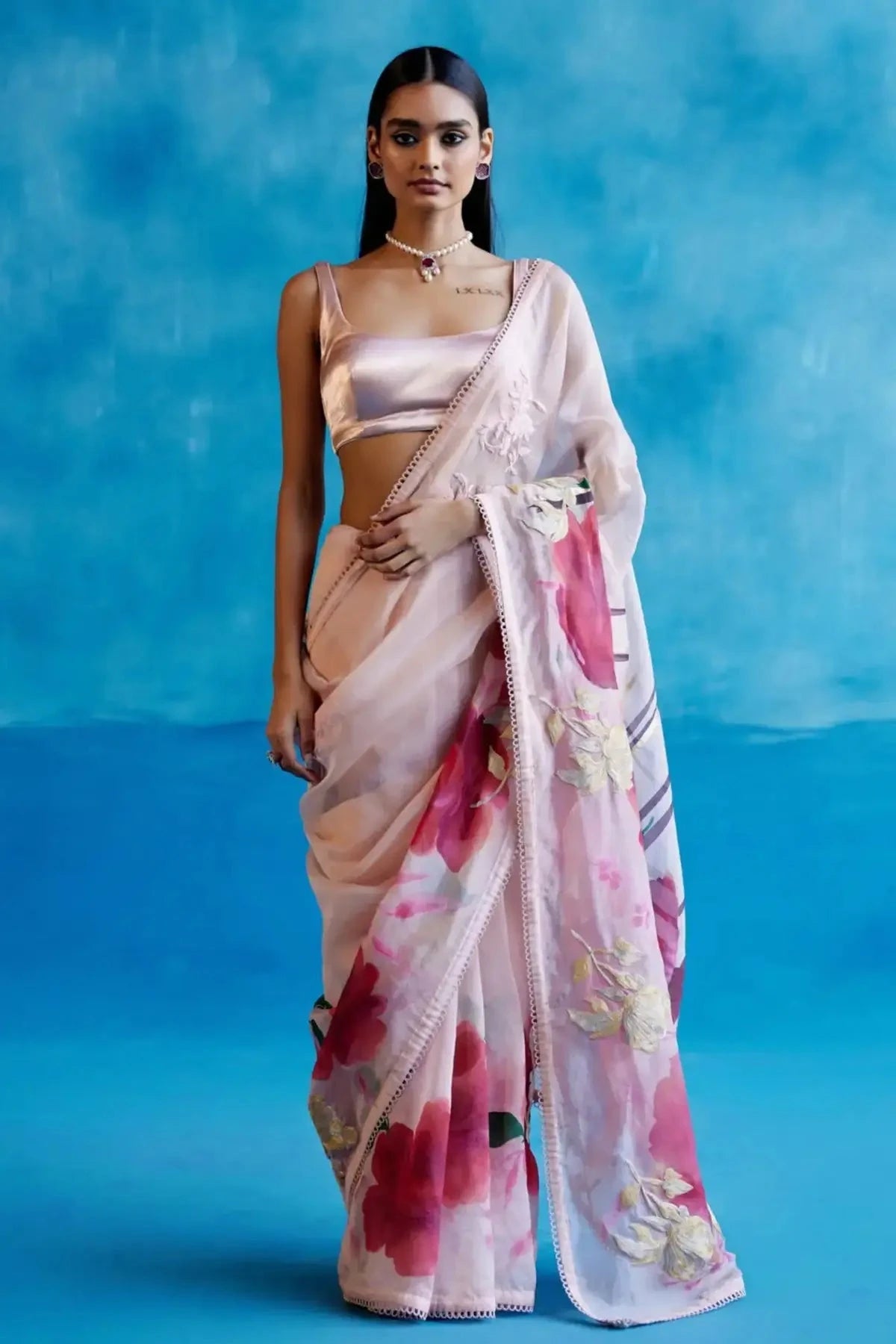 Blush Pink Hand-Printed Embroidered Organza Saree - Pallodstore