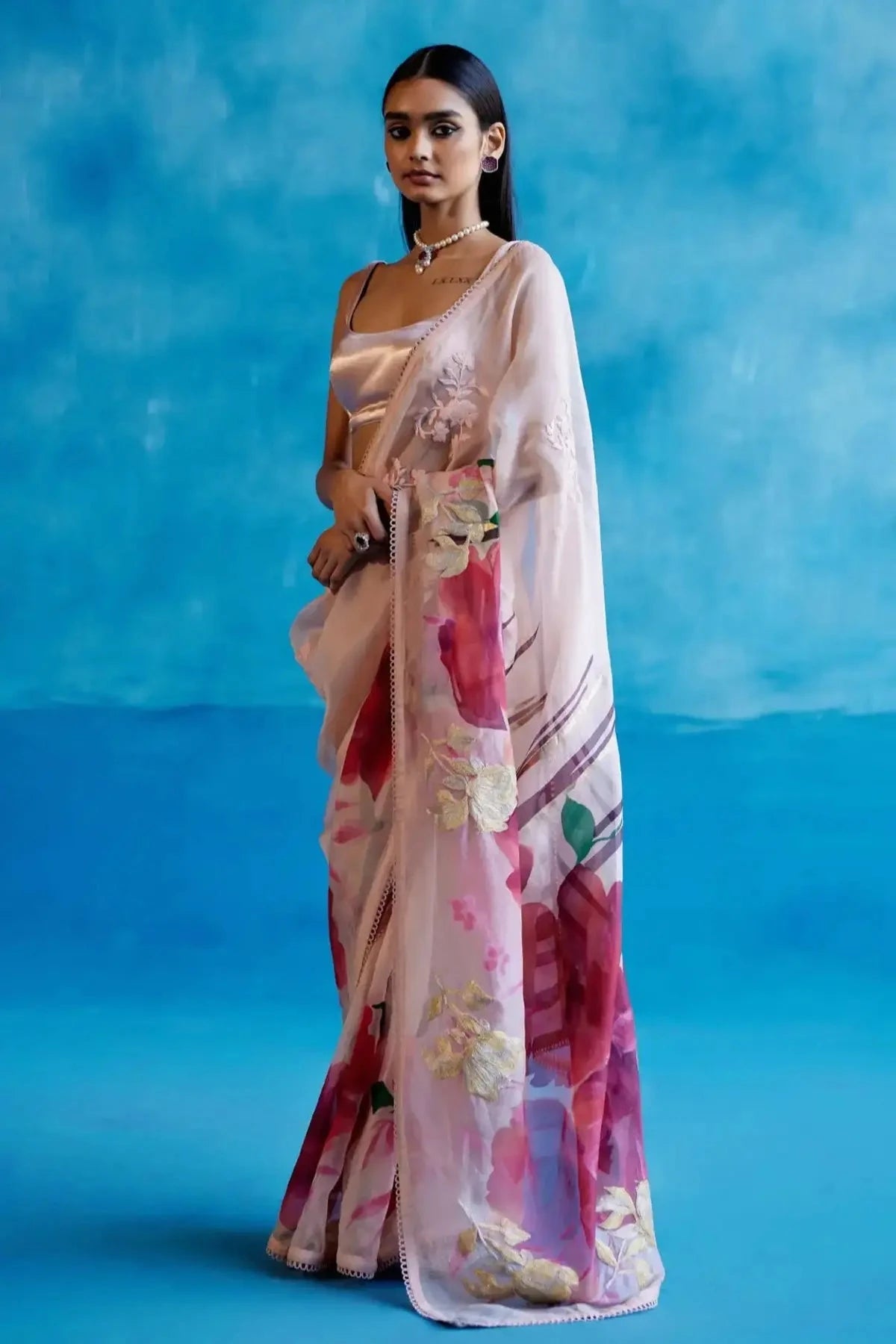 Blush Pink Hand-Printed Embroidered Organza Saree - Pallodstore
