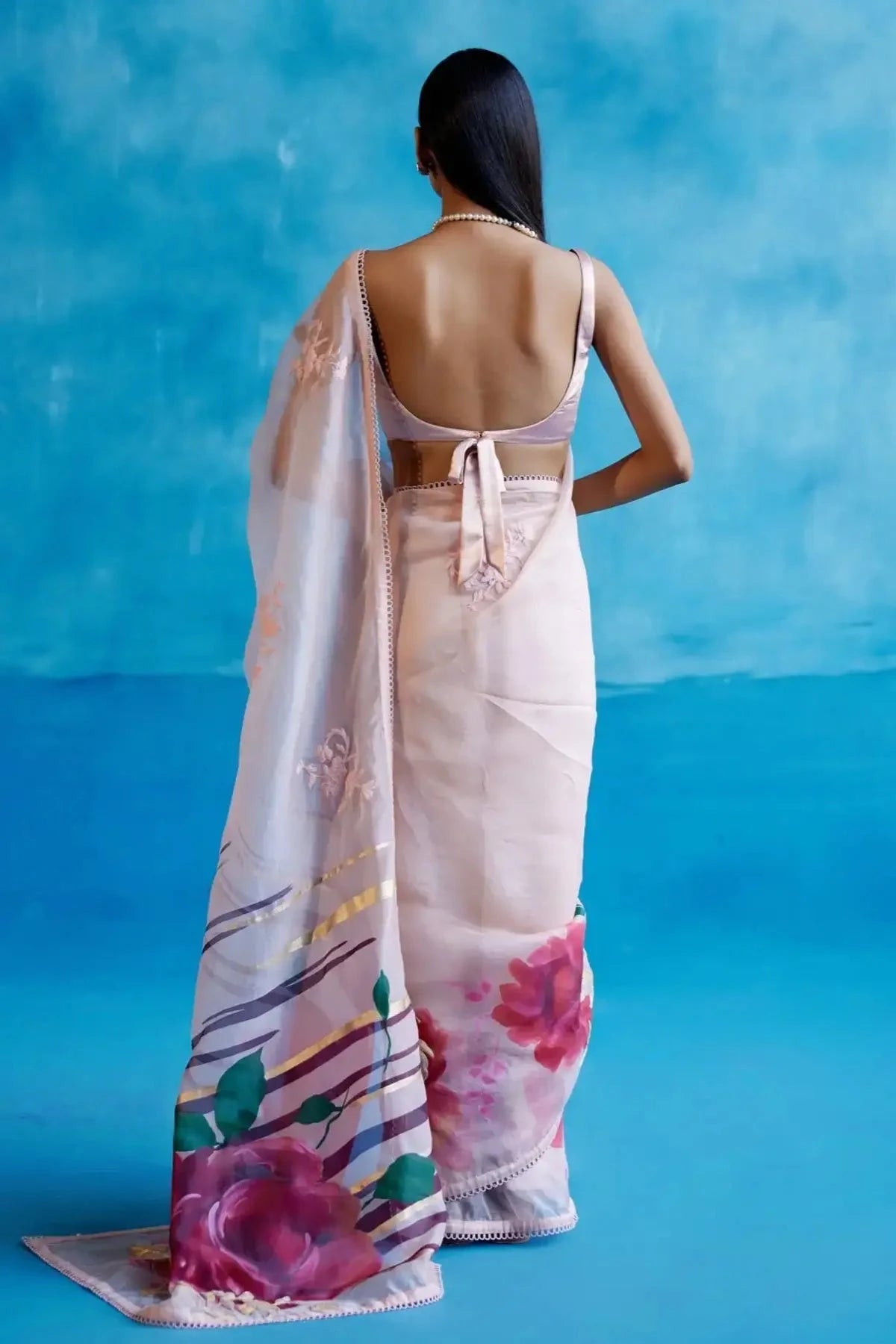 Blush Pink Hand-Printed Embroidered Organza Saree - Pallodstore