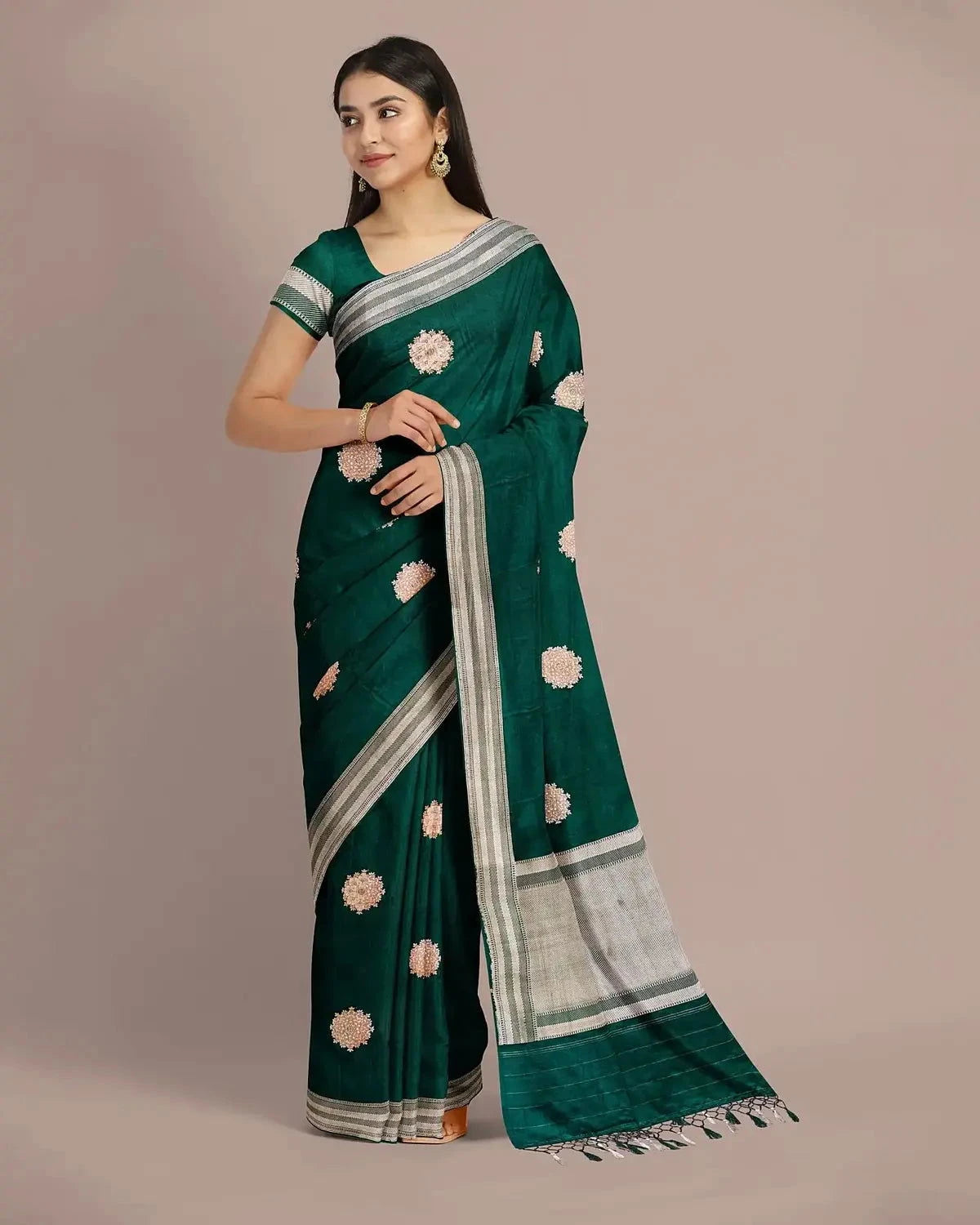 Bottle Green Banarasi Satin Saree - Pallodstore