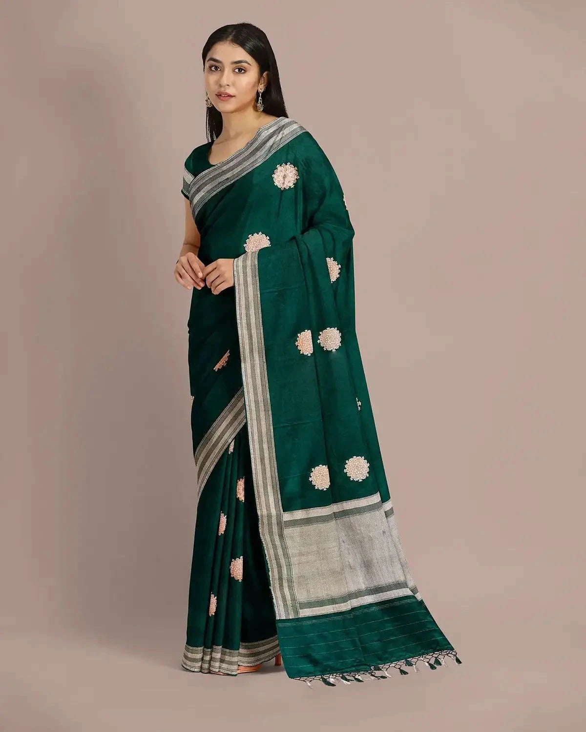 Bottle Green Banarasi Satin Saree - Pallodstore