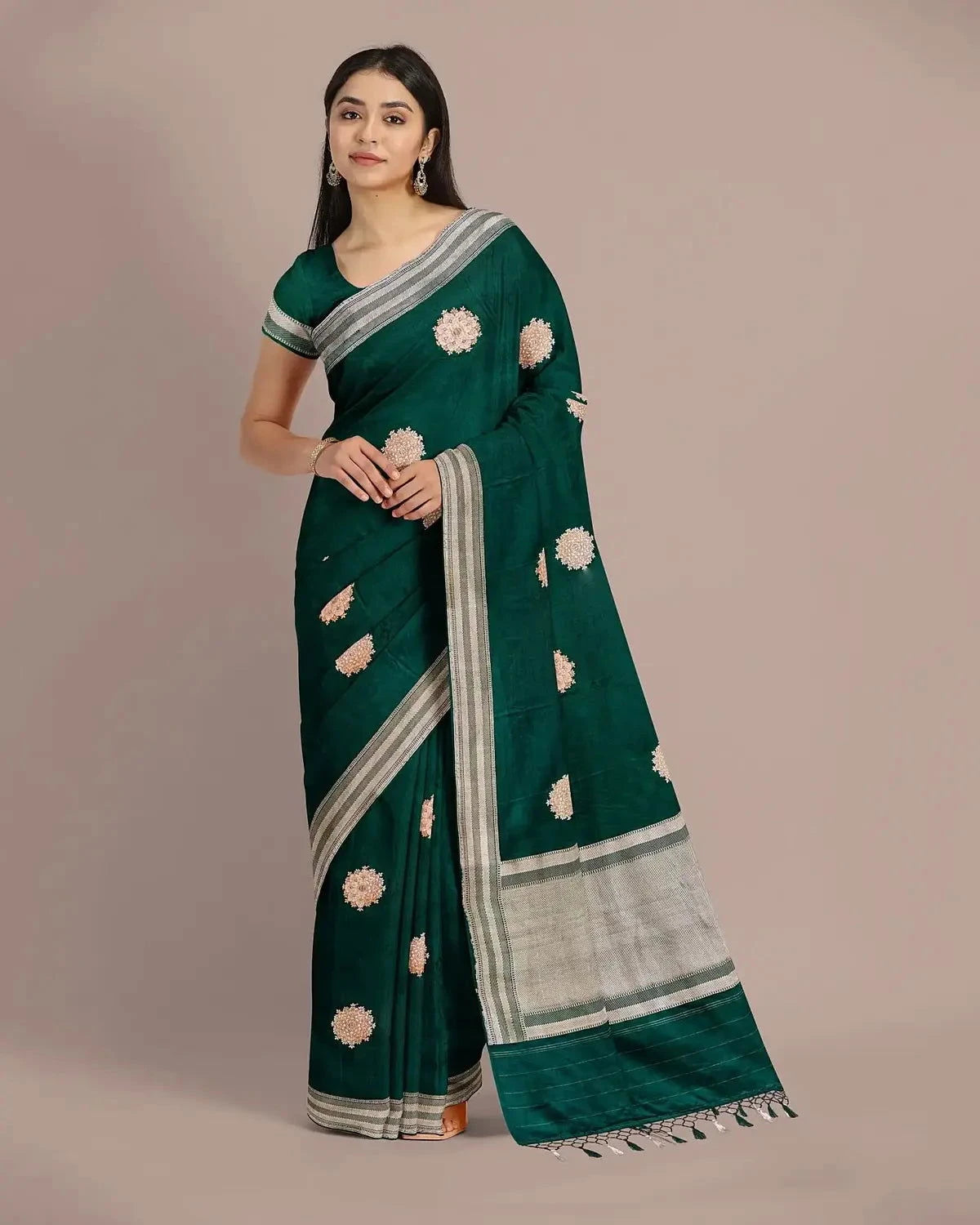 Bottle Green Banarasi Satin Saree - Pallodstore