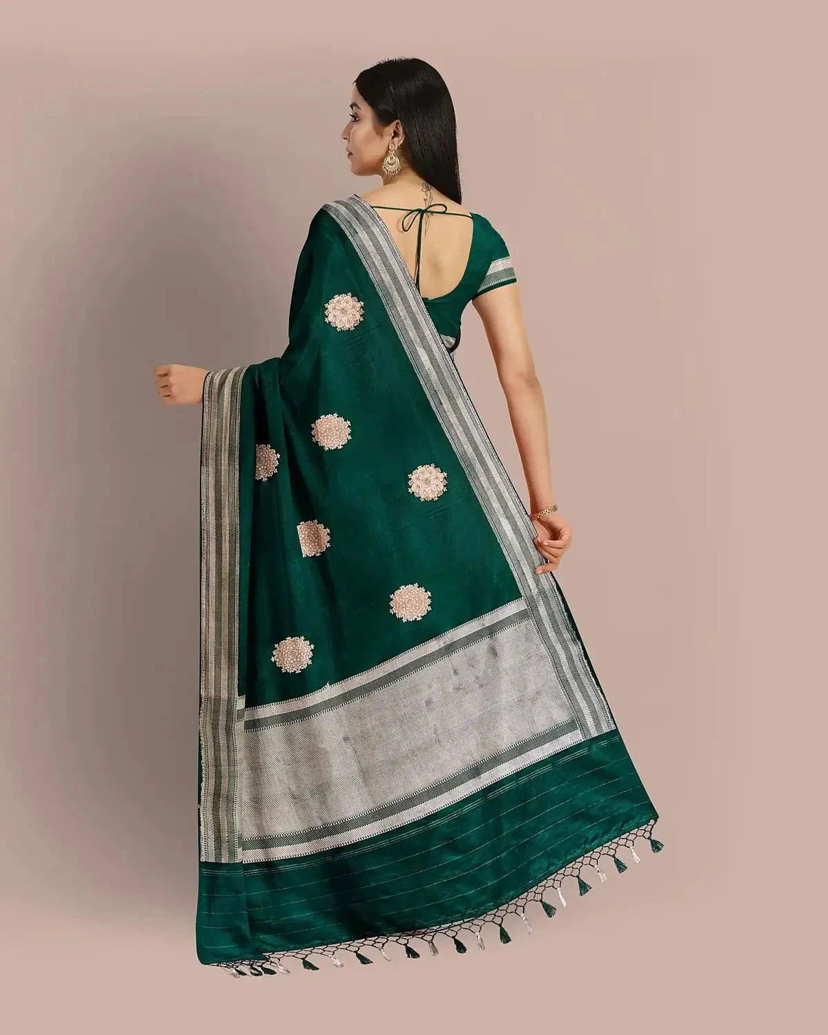 Bottle Green Banarasi Satin Saree - Pallodstore