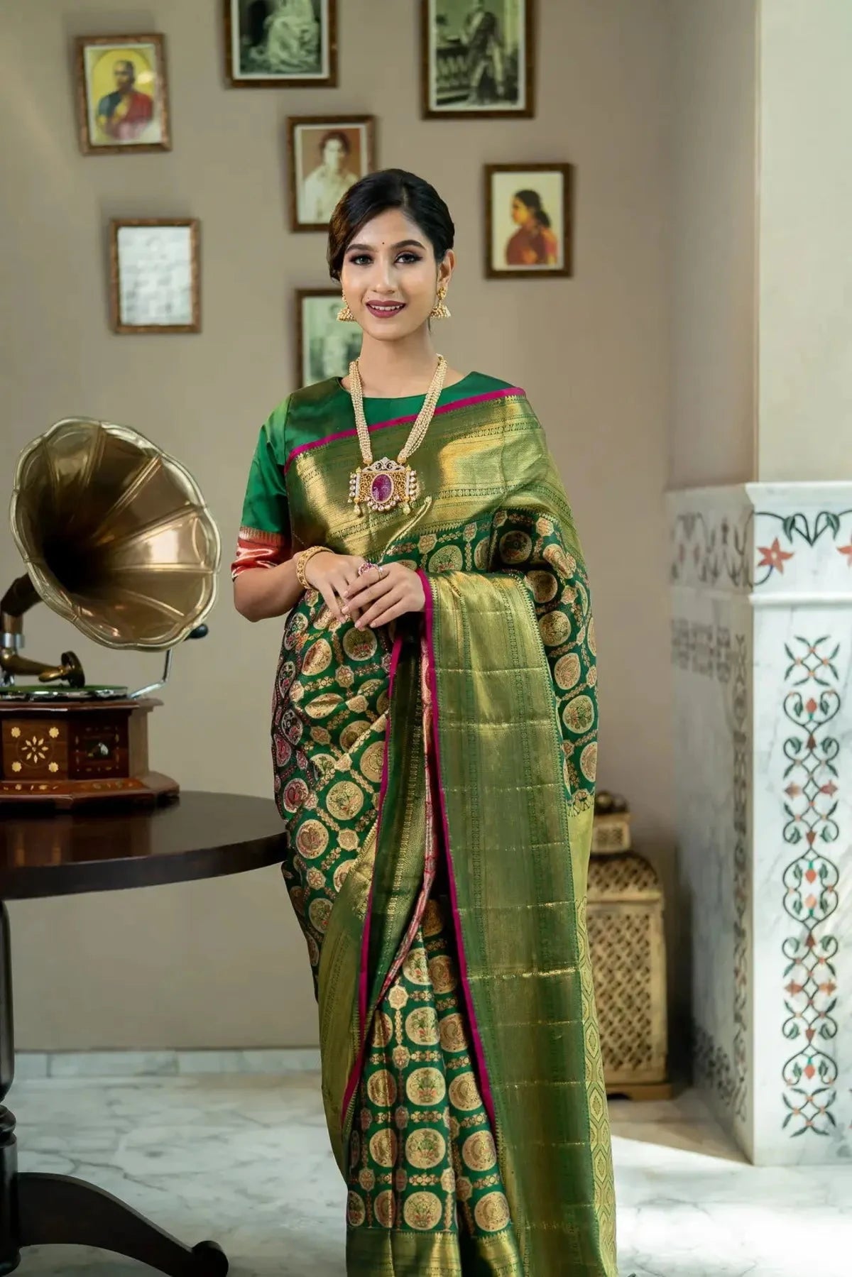 Bottle Green Tissue Kanjivaram Saree - Pallodstore
