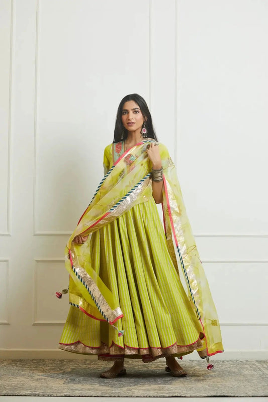 Bright Lime Printed Anarkali Set - Pallodstore