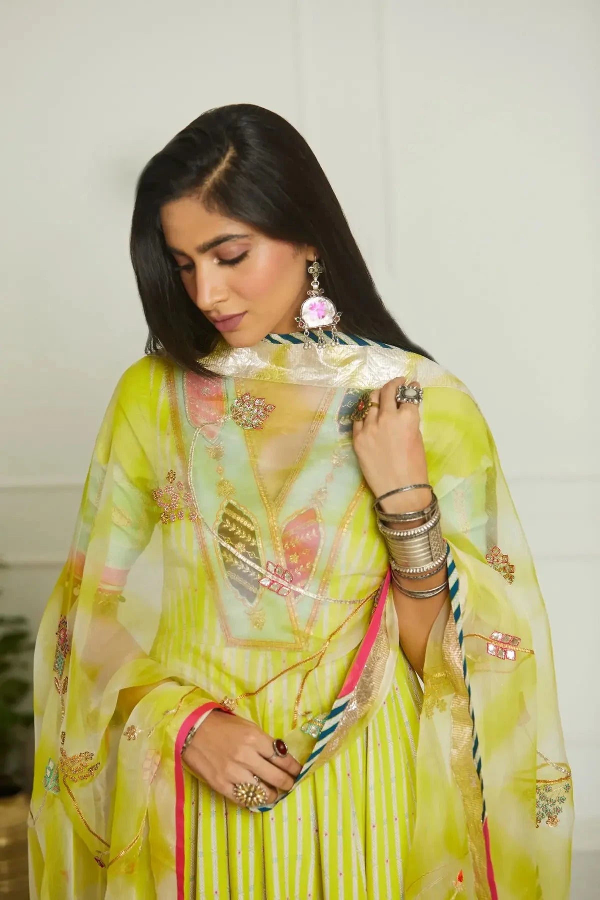 Bright Lime Printed Anarkali Set - Pallodstore