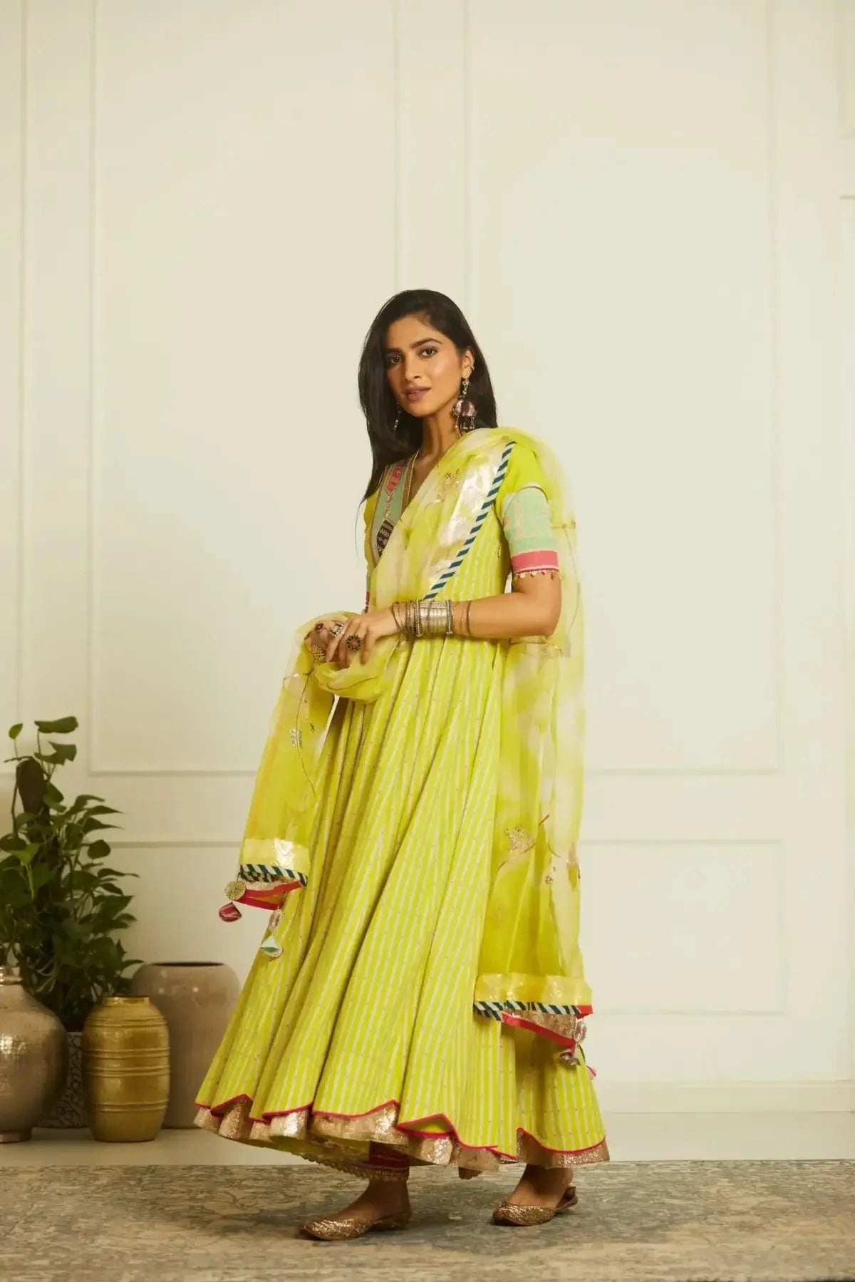 Bright Lime Printed Anarkali Set - Pallodstore