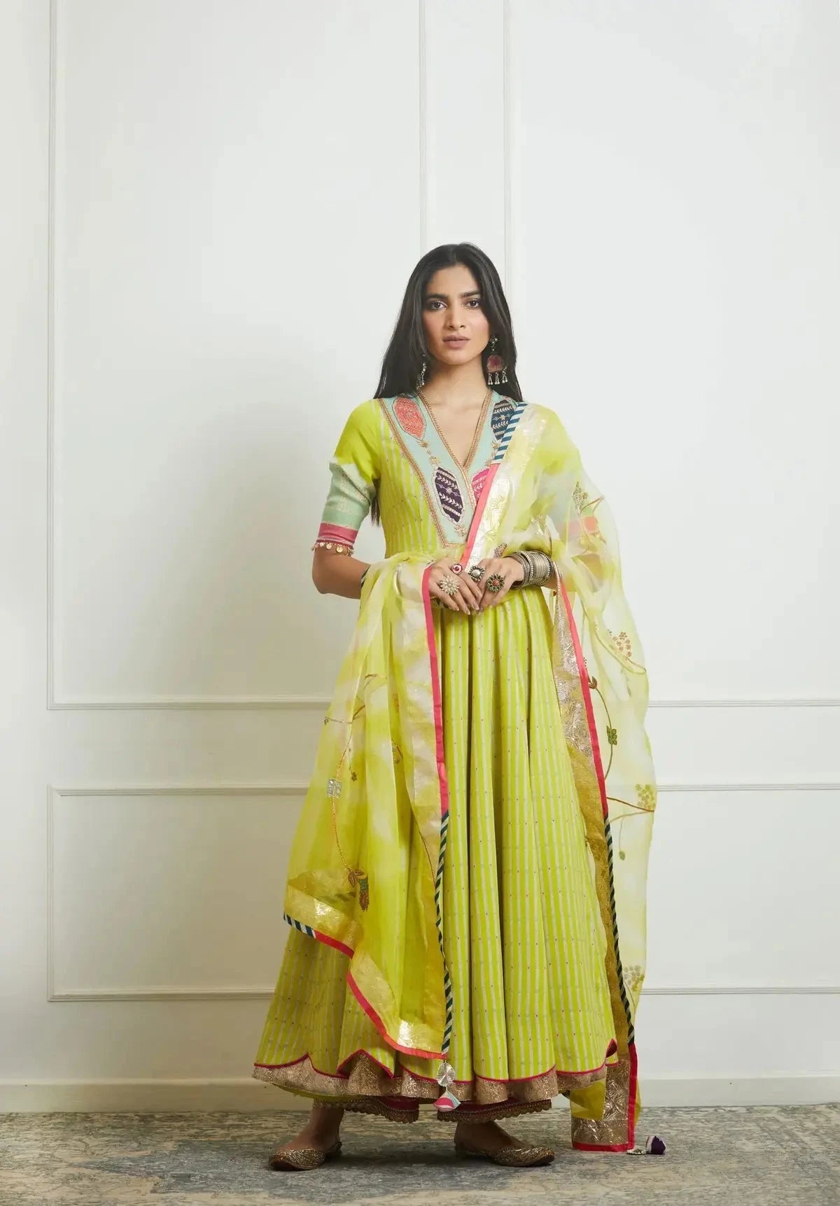 Bright Lime Printed Anarkali Set - Pallodstore