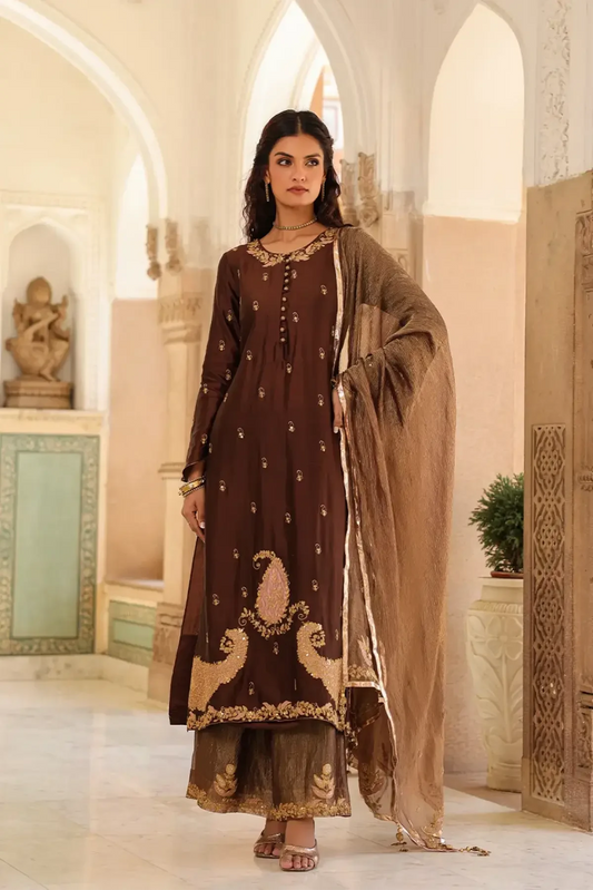 Brown Riwayat Applique Long Kurta Set - Pallodstore