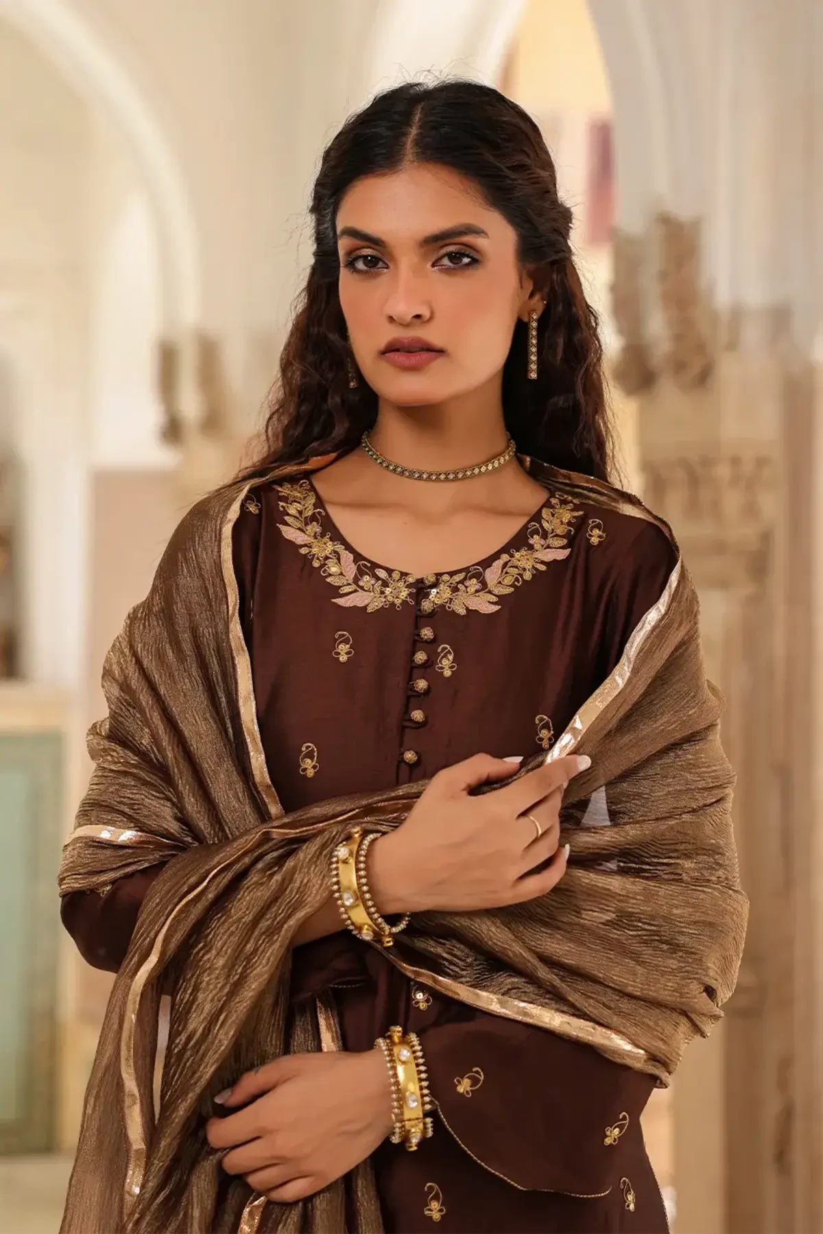 Brown Riwayat Applique Long Kurta Set - Pallodstore