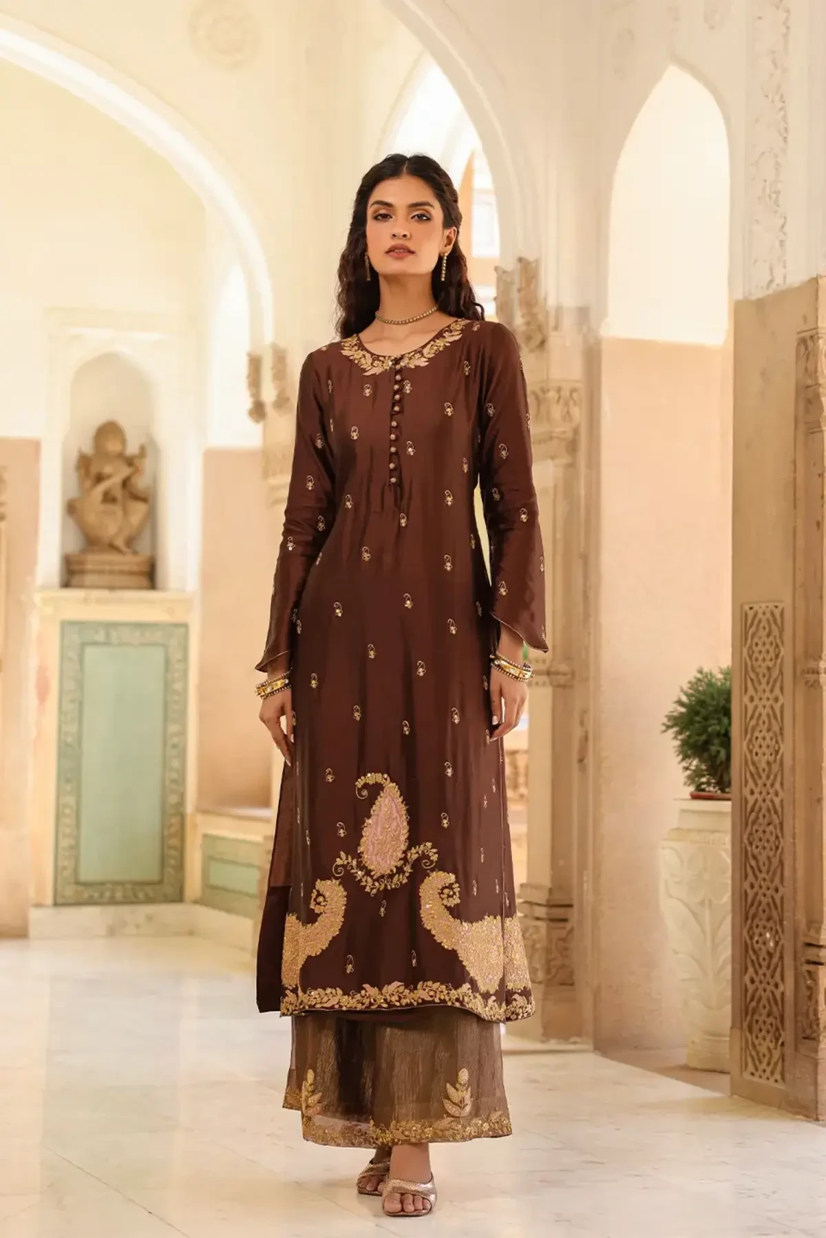 Brown Riwayat Applique Long Kurta Set - Pallodstore