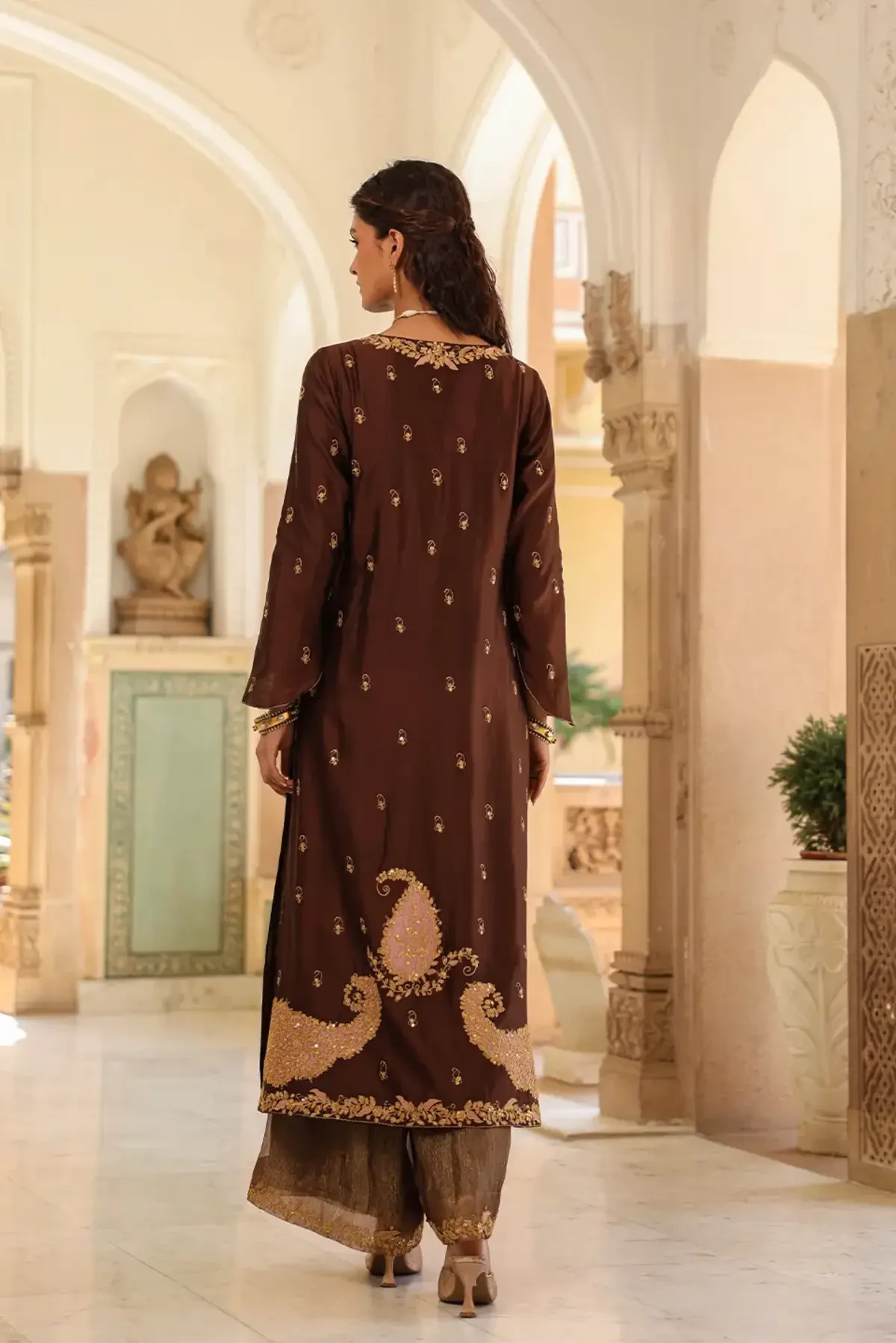 Brown Riwayat Applique Long Kurta Set - Pallodstore