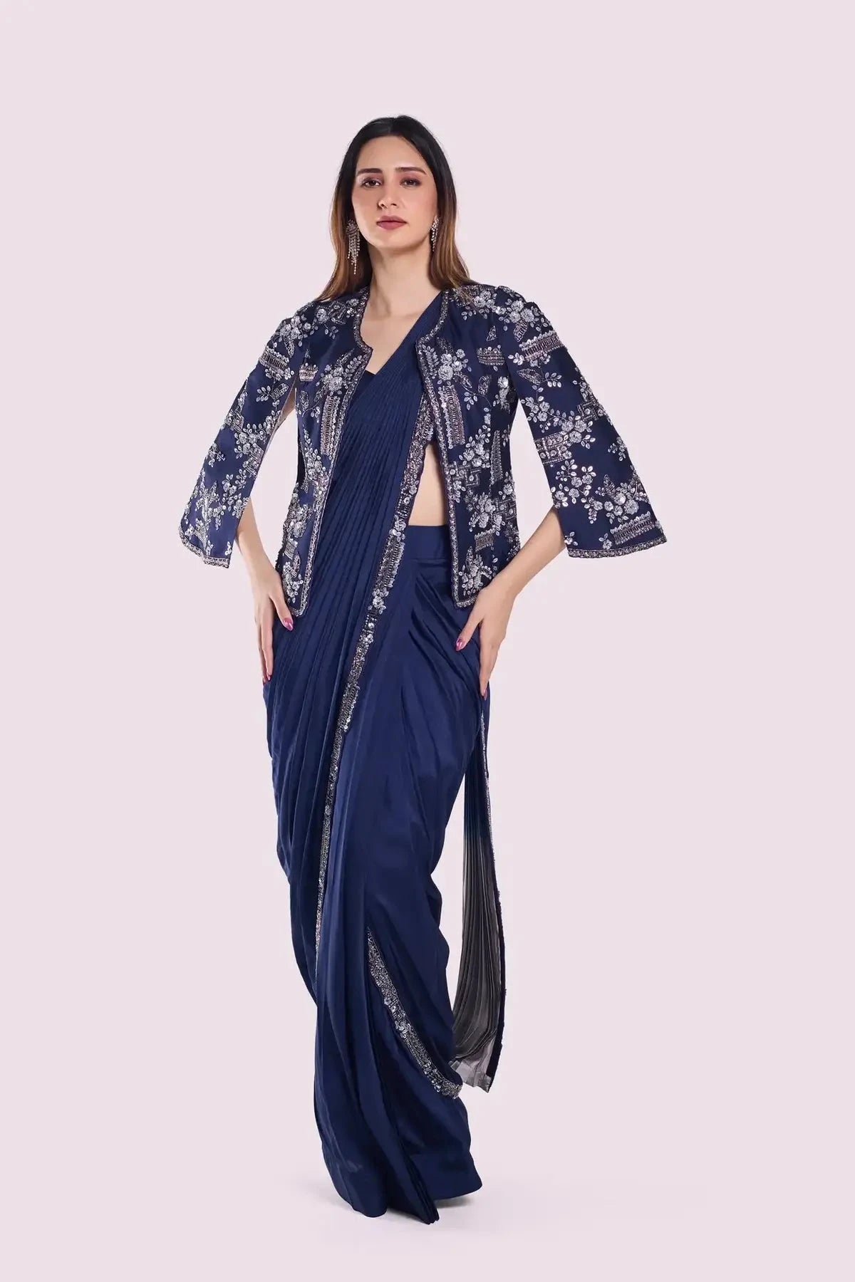 Cape Sleeve Silk Drape Saree - Pallodstore