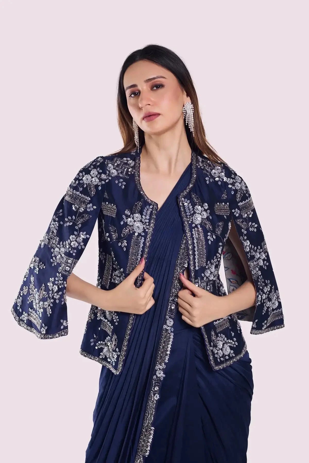 Cape Sleeve Silk Drape Saree - Pallodstore