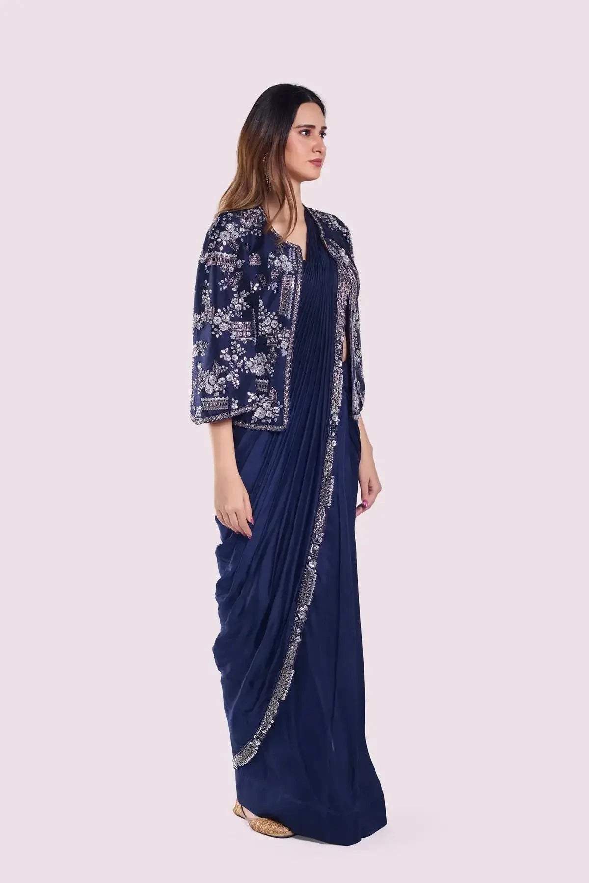 Cape Sleeve Silk Drape Saree - Pallodstore