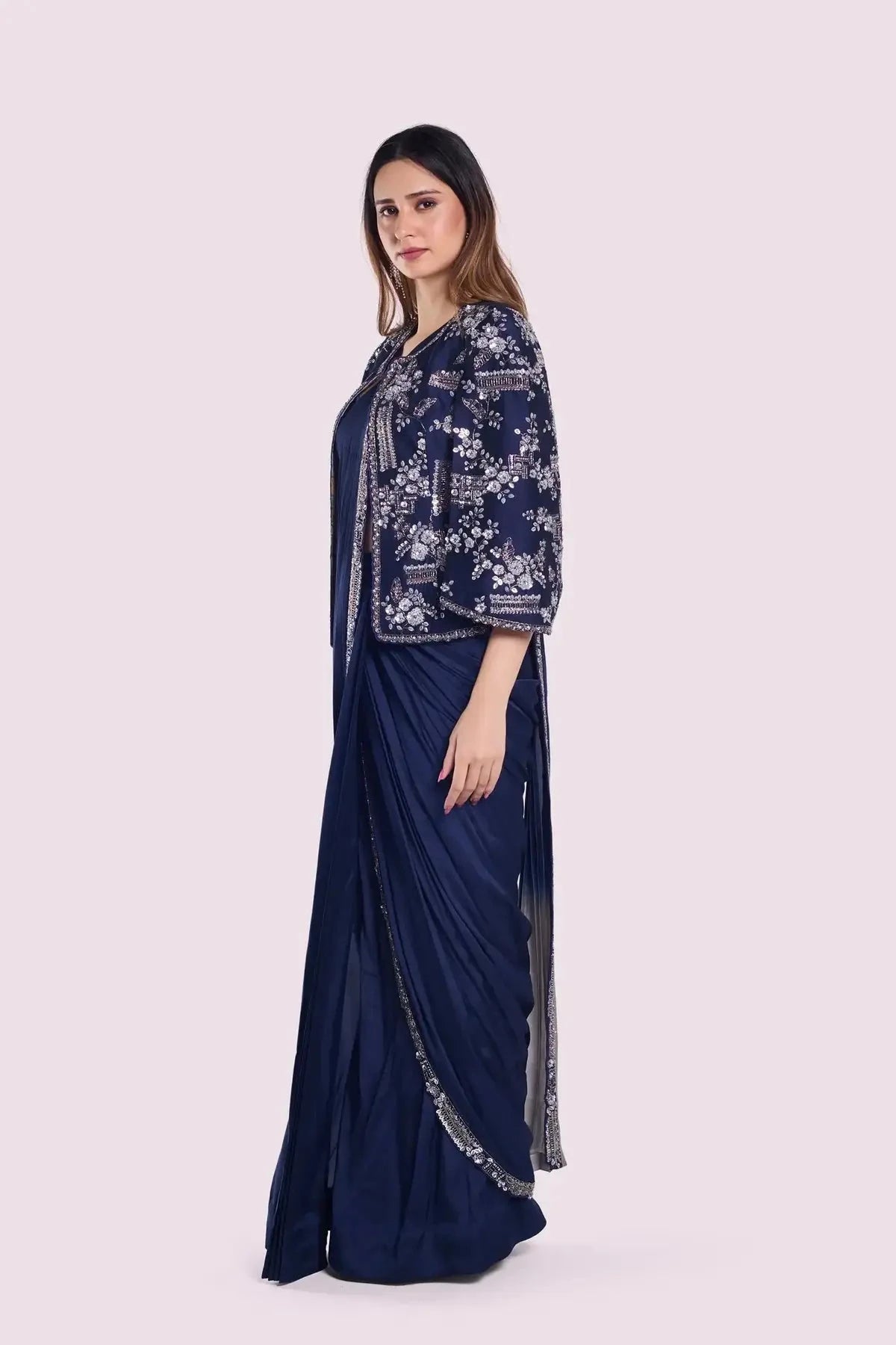 Cape Sleeve Silk Drape Saree - Pallodstore