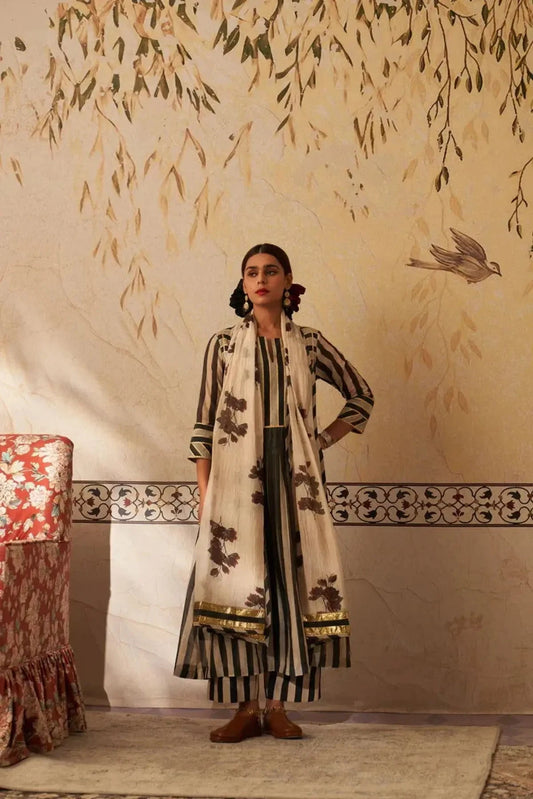 Chanderi Black and White Stripes Printed Kurta Set - Pallodstore
