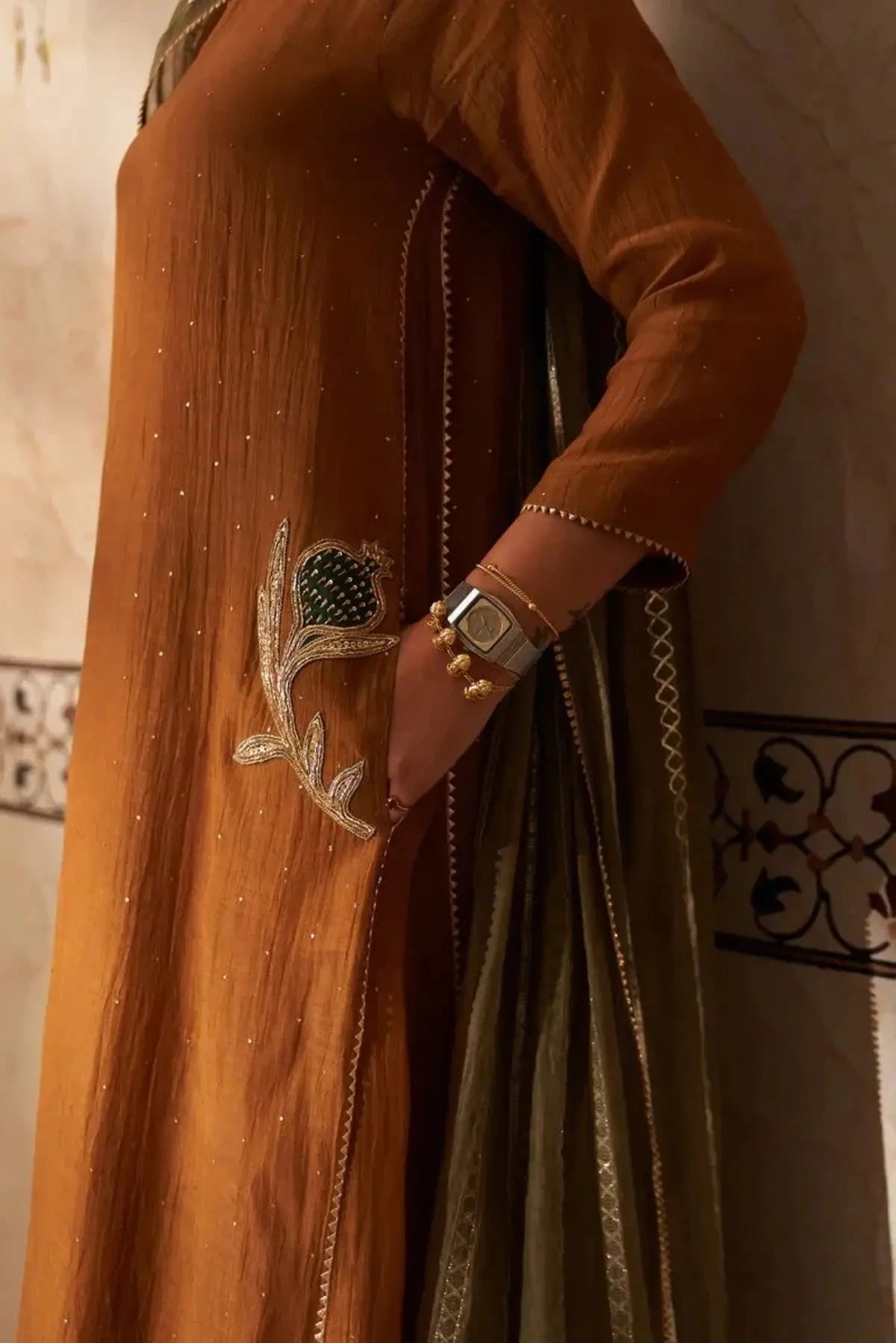 Chanderi Handloom Mustard Anar Kurta Set - Pallodstore