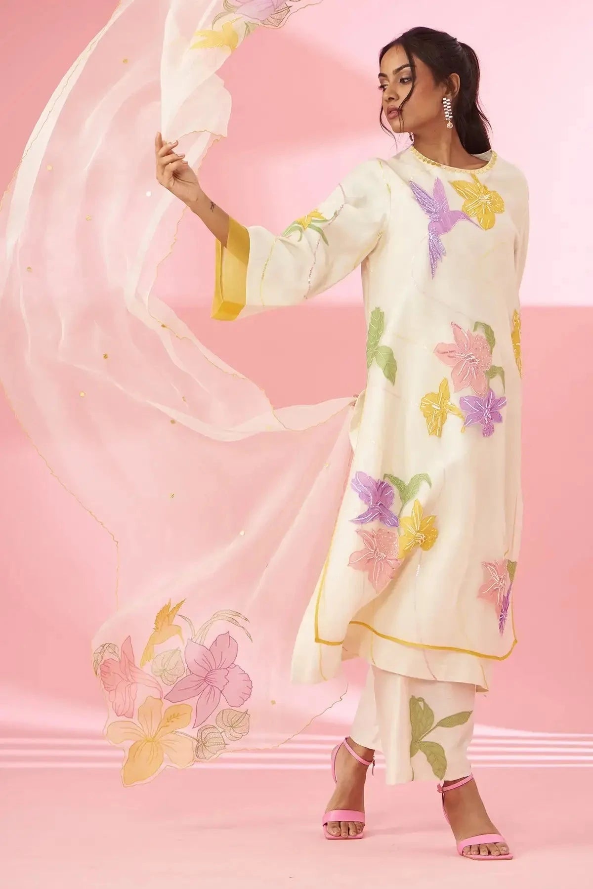 Colorful Ivory floral applique work and hand embroidered layered suit set - Pallodstore